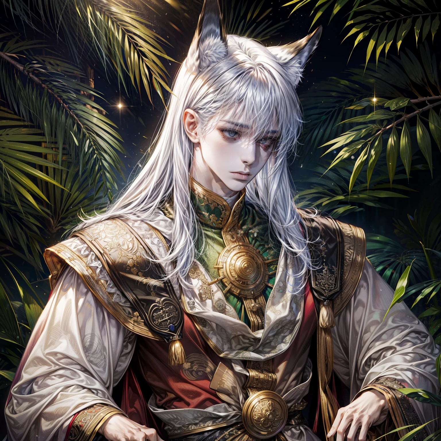best quality,Masterpiece,young man with beautiful face,21 years old,Slimming body,My hair is golden with silver sparkles.,has fox ears,fox tribe,Wearing a scholar&#39;s outfit with a bamboo leaf pattern, black and green tones.,Handsome and beautiful face,Has a playful, cunning look in his eyes.,crazy energy,Powerful, with resolute eyes,Has beautiful white skin like a woman&#39;s.,Stick out your tongue,Top quality pull-ups for the upper body.