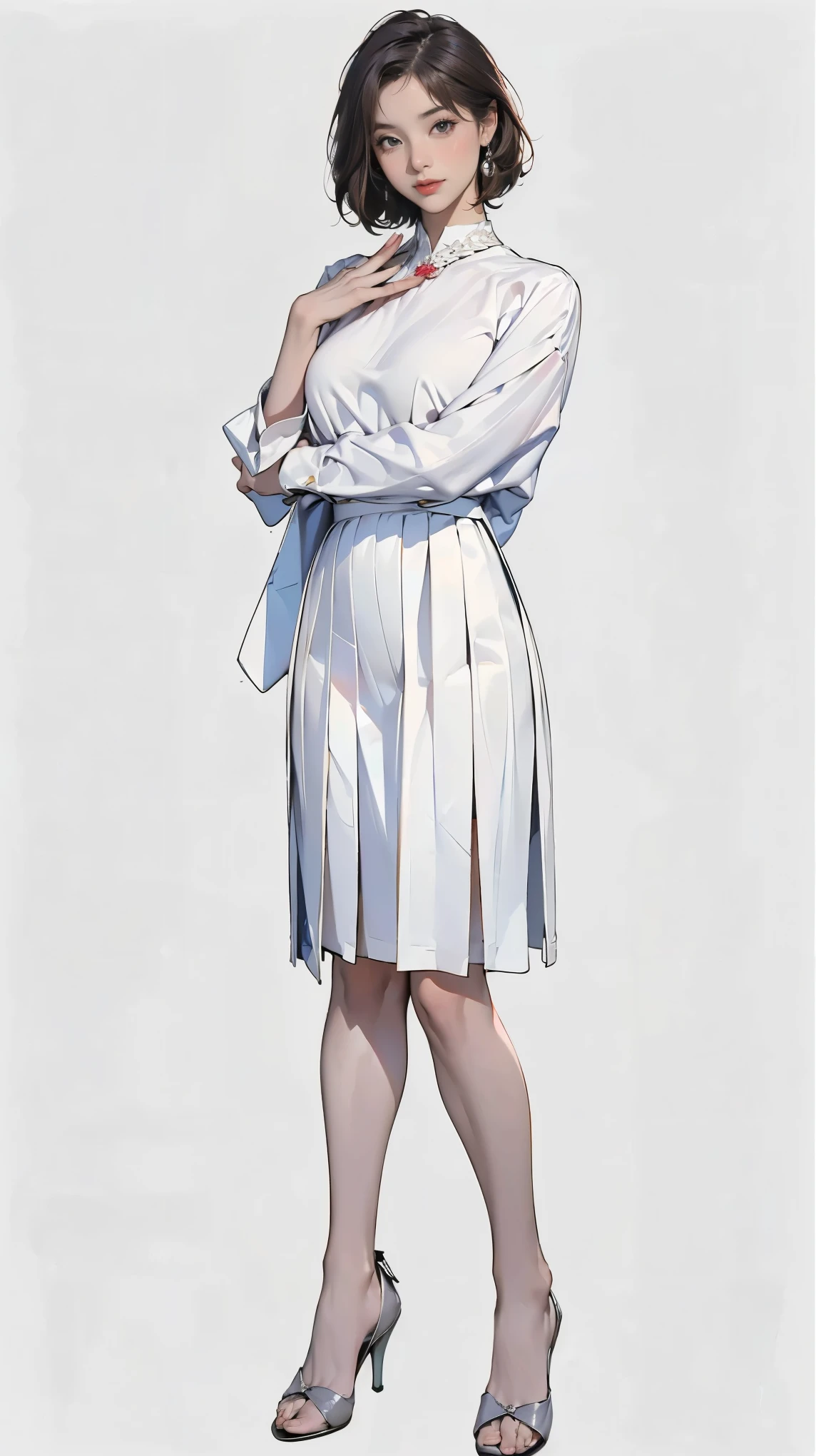 (Ultra-detailed, photorealistic, best quality, 4k,8k, highres, masterpiece:1.3), Featured is Jin Ae, a graceful figure from Seoul, South Korea, ((who embodies the essence of classic elegance and charm)), (((She boasts a  stature, standing at 1.60 meters and weighing around 50 kilograms, epitomizing the quintessential Korean beauty))), (Her hair is jet black, styled in a simple yet sophisticated cut), (Her eyes are a warm brown), ((and a fair complexion)), accentuated by minimal, natural makeup, (((She is wearing  elegant white silk Chanel blouse, Stylenanda pleated midi skirt present a soothing contrast against her fair skin))), She is portrayed posing gracefully in her outfit, (exceptionally detailed:1.3),, super finely detailed hands, ultra finely detailed fingers(((ten fingers))), (posing elegantly), (full body showcase), (show full body), (no logos in the background), (no logo), (luxury apartment background:1.3).