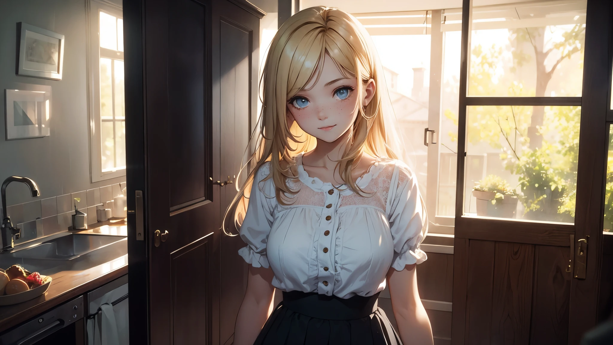 ((masterpiece,best quality,ultra detailed,ultra high res)), soft realistic focus, Perfect Eyes, dynamic shadows, realistic image, vibrant colors,light leaks,dreamy atmosphere,chiaroscuro,BREAK
experimental charm, The girl is depicted in full growth, girl 10 years old, thin and tall, you see the girl from head to toe, nostalgic appeal, country girlfriend, she take you with yourself, skirt and short blouse, soft mischievous smile, freckles, blonde hair, slightly leaning forward, flashback of memories, blonde, holding your hand