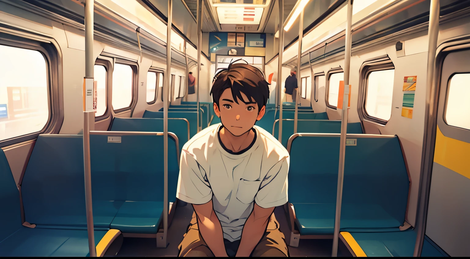 Interior of a subway train. Front view of a sitting young dark haired man in casual clothes. It's sunny outside, sunny, summer. Front view perspective. We see his face clearly.