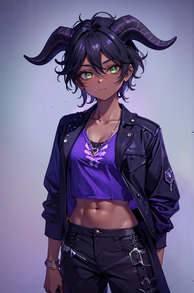 (Masterpiece) (High Detail) (High Res) (Black Skin) Looking from above A young beautiful humanoid FutEred, dark skin, soft detailed face, detailed green eyes, short scruffy black hair, goat ears, short symmetrical black goat horns, looking smug at the camera, toned body, small to average breasts, dressed like a punk wearing a purple jacket, a cropped tank top showing off her abs, black jean pants