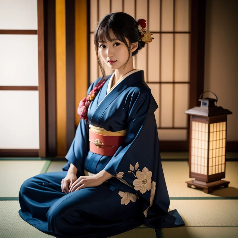 Realistic photos, A cute Japanese girl、Japanese luxury(Navy blue kimono:1.2)Wearing、Sitting modestly facing outward, Beautiful floral patterned kimono, When you enter the elegant room、In the center of a large space The beautiful woman wearing a high-quality crimson kimono sash captures her entire body in a very attractive and realistic way., She realized、(Shut your mouth.) She tilts her head at me and smiles seductively., A cute and sexy expression with a slight blush on her cheeks, Powerful and ephemeral Very attractive eyes, effect// (Captivate you,) (Raw photo,) ((photograph)), (((full body shot:1.5,) Hinomaru composition:1.5,)) ((Raise your gaze:1.0,)) Chiaroscuro, (The soft light of the lantern), Soft light and shadow, Aerial perspective, quality// (((最高quality, 16k, Raw photo,)))