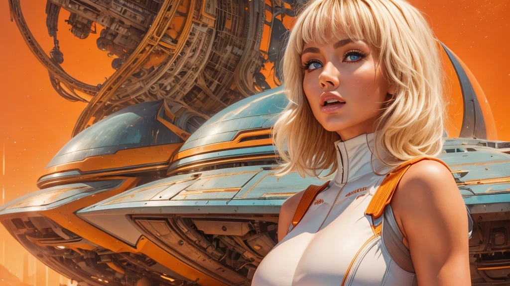 arafed image of a white woman in a futuristic suit with a spaceship in the background, movie art, in front of an orange background, inspired by Robert McGinnis, female protagonist, megastructure in the background, portrait of an ai astronaut, astronauts, an astronaut, portrait of a astronaut skeletor, perfect android girl, detailed eyes, perfectly detailed teeth, frank franzzeta and sakimichan