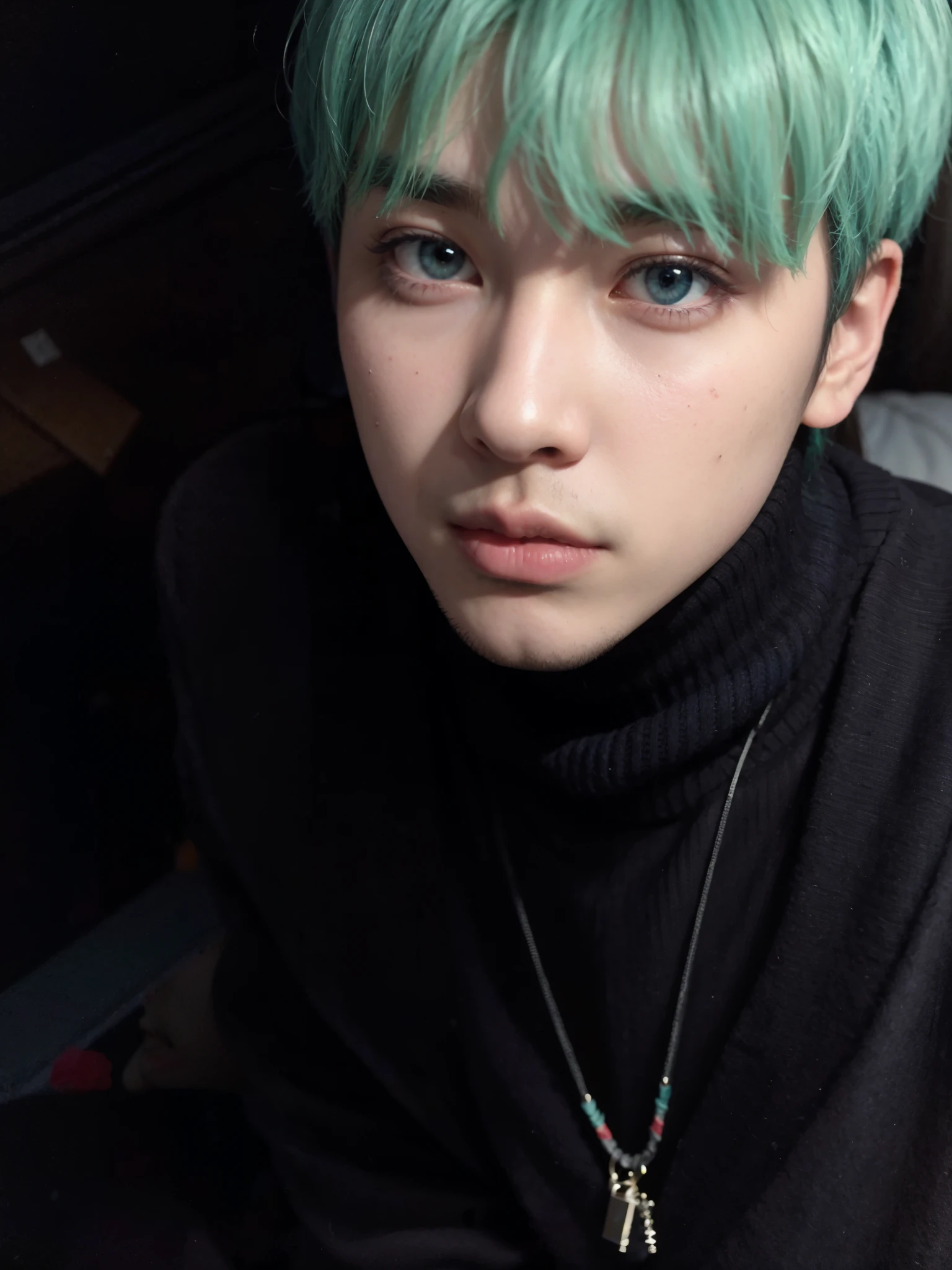 arafed asian man with cabelo verde and a black turtleneck, Yoongi de cabelo preto, hyung tae, Hong junho hyung, cai xukun, ele tem cabelos grisalhos escuros, Jimin\the right eyelid is swollen, Tae June Kim, brilhante da chuva, rosto de menta brilhante, alta qualidade!!!!!, inspirado em jeonseok lee, cabelo verde, ((tons de azul esverdeado))