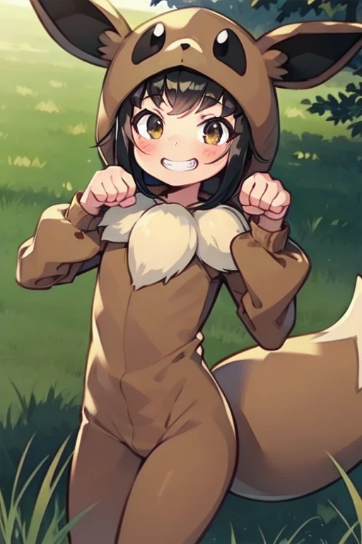 masterpiece, super detail, best quality, beautiful girl, pokekid, hood, brown onesie, tail, grin, paw pose, grassland