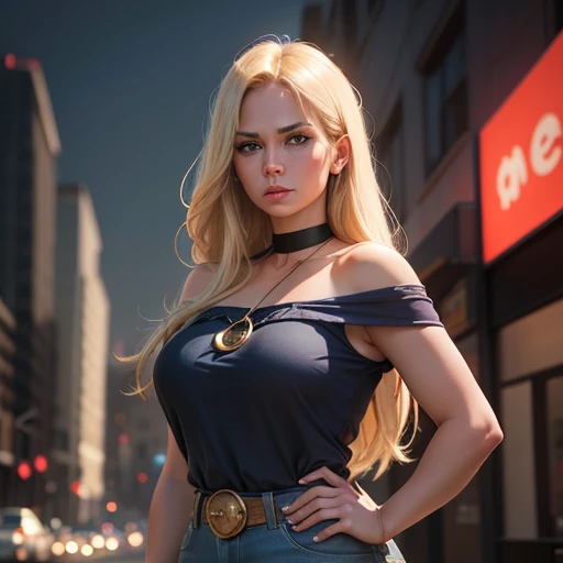 dramatic comic-book style,  realistic. a  blonde woman, blue eyes, chubby cheeks, full face. medium length straight hair over one shoulder. she wears a dark blue shirt with gold trim, wine colored bell bottoms. she stands straight backed, hands on hips. a stern expression on her face. city background. emphasize her hair swept over one shoulder, leaving the other shoulder bare. emphasize that she is an adult 