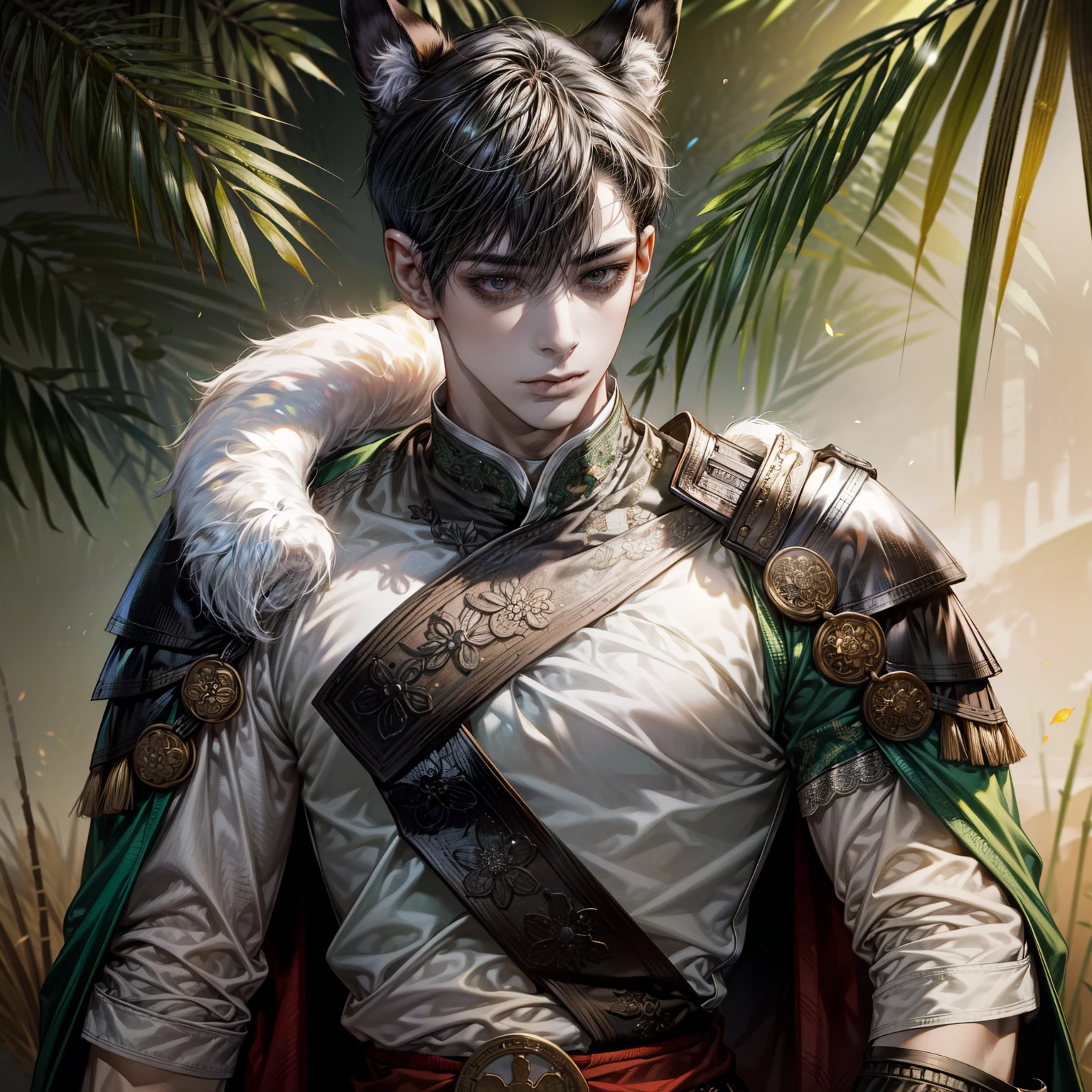 best quality,Masterpiece,Young man with a sharp face,21 years old,Slimming body,My hair is brown-black.,has fox ears,fox tribe,Wearing an ancient Korean style warlord warrior, carved with bamboo leaf patterns, black and green tones.,Handsome and beautiful face,Has a playful, cunning look in his eyes.,crazy energy,Powerful, with resolute eyes,Has beautiful white skin like a woman's.,Stick out your tongue,Top quality pull-ups for the upper body.