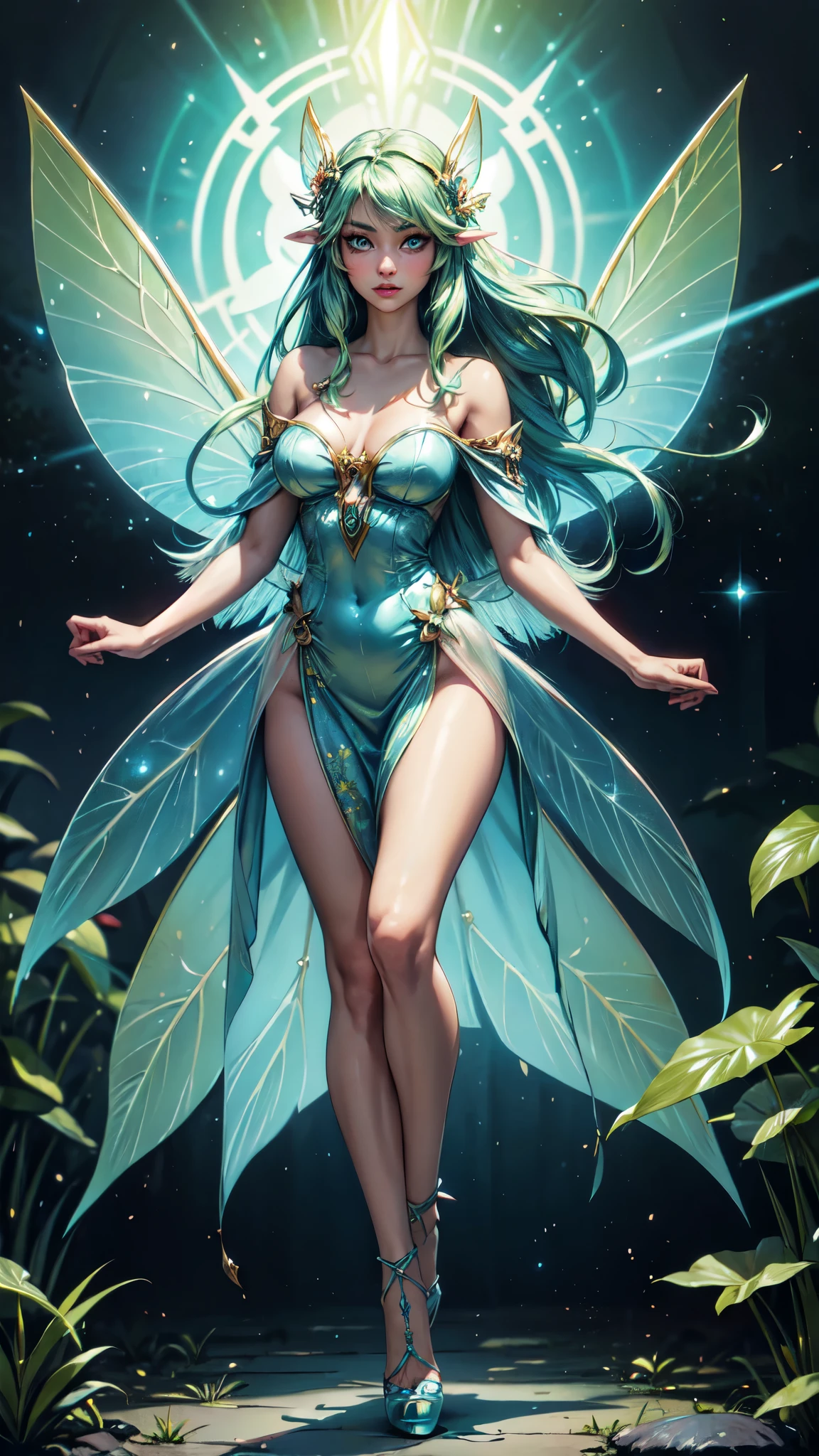 ((Masterpiece)), top quality, absurd, highly detailed, holographic, fairy girl, super beautiful asian girl with very beautiful lime blue eyes, beautiful glowing lime blue hair, long straight hair, nice and sexy body, wearing a blue dress lime,orange high heels, very beautiful and glowing fairy wings, flying in a psychedelic fairy forest with crazy mushrooms, full body, detailed eyes, detailed hands, detailed face, detailed clothes