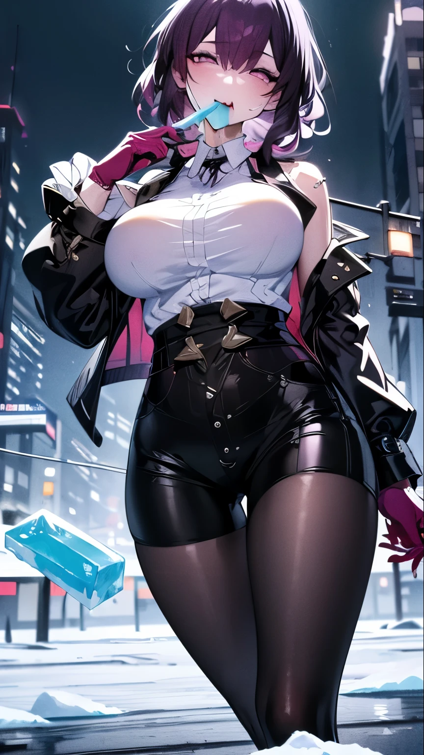 "(best quality,highres,masterpiece:1.4),ultra-detailed,sexy woman on a nighttime street, Kafka, black jacket, purple gloves, huge file size, art collection, art books, medium-sized breasts, cinematic angle, black, slender waist, (melting ice popsicle in mouth)"