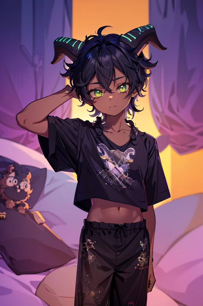 (Masterpiece) (High Detail) (High Res) (Black Skin) (Anime) Looking from above A young beautiful humanoid FutEred, dark skin, soft detailed face, detailed green eyes, short scruffy black hair, goat ears, short symmetrical black goat horns, looking smug at the camera, toned body, small to average breasts, wearing loose pajama pants and a cropped pajama top