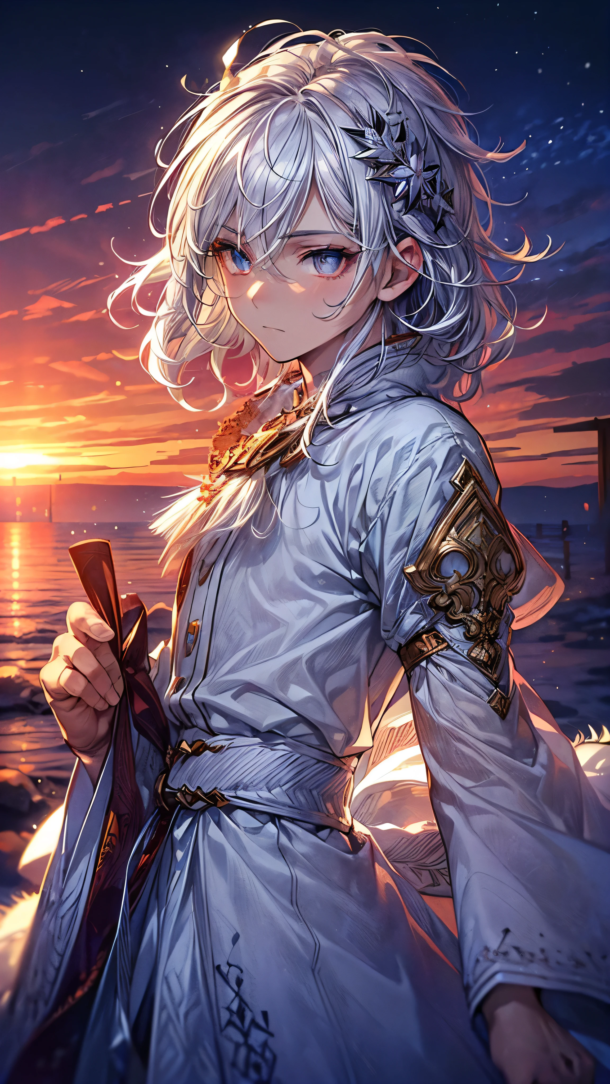 (((Best quality))), (((Ultra detailed))), 1 boy, muscular, ((((vivid)))), beautiful detailed hair, medium hair, bedhead, (pale white hair), (((beautiful detailed eyes))), beautiful detailed face, (((no expression))), (feathers), ((wind)), beautiful detailed white clothes, jewelry, (snow), cold, ((sunshine)) starrystarscloudcolorful, starrystarscloudcolorful,