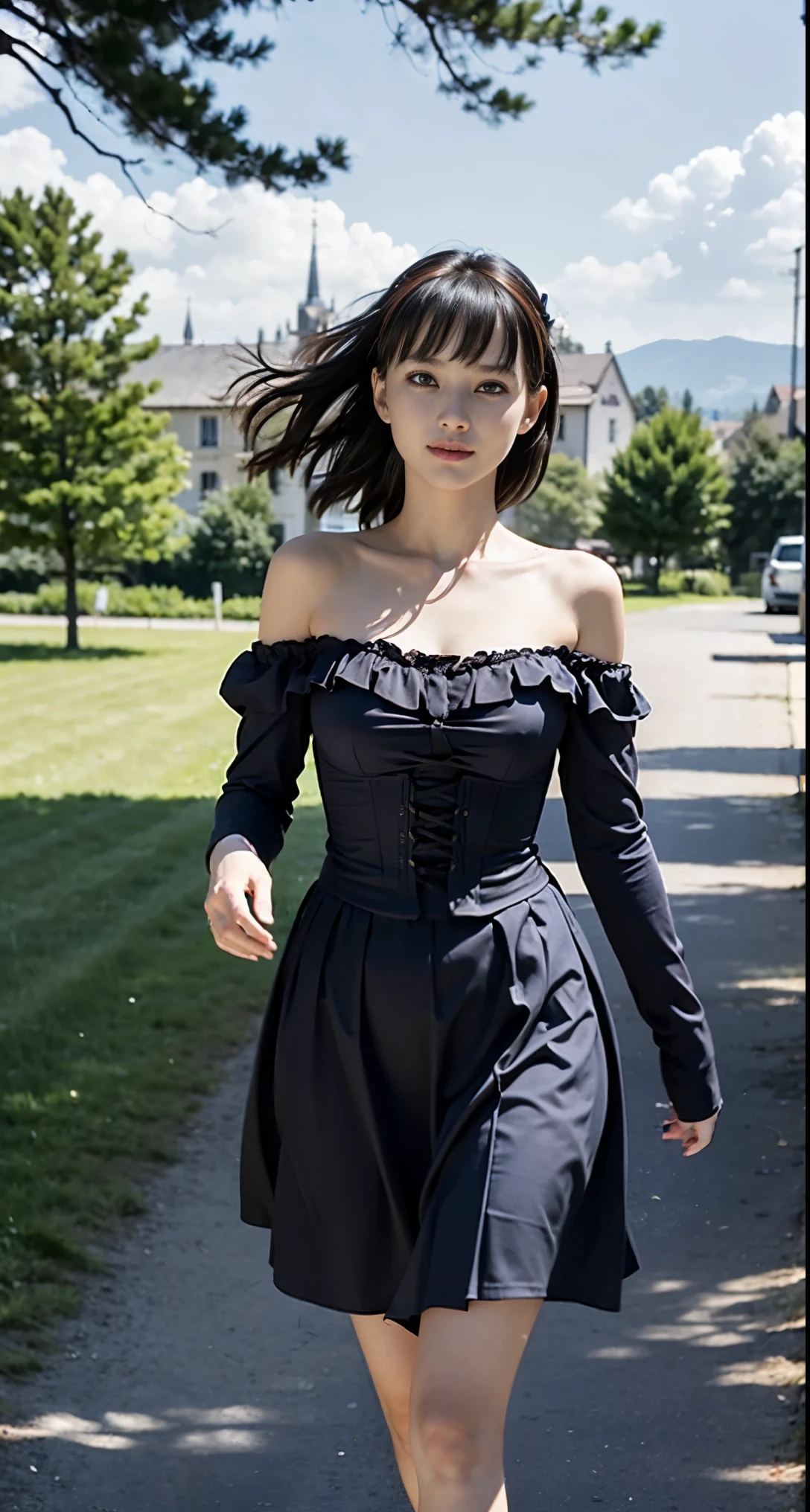 Medieval European castle town、With a girl:her hair is black and short、14 years、Small face、Watery eye、Natural Makeup、((Look straight at your audience))、A light smile、Her face is round and cute、(My face and my dress are blowing in the wind)、White Sandals、Ribbon at ankle、(running in the meadow With a girl:1.3)、scene:There is a beautiful scene floating in the background.、blue sky, White cloud, Medieval European castle town、ハリーポッターThe scene is softly painted like a watercolor painting.、that'What a wonderful atmosphere!!。The scene expresses the imagination and sensibility of the girl、Pubic hair shows completely naked pubic hair) ,more_become close:1.5, (More and more_become close:1.9)、(((off-the-shoulder corset dress)))、Floral