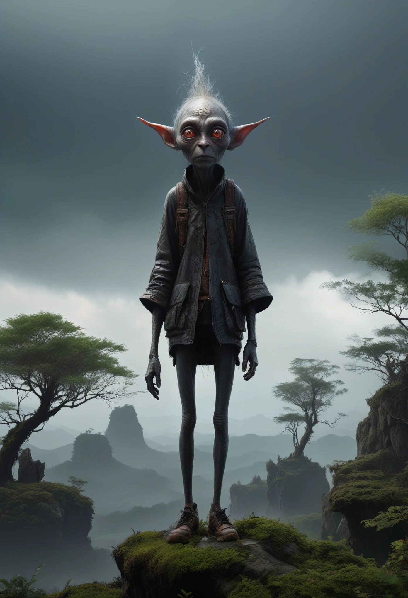 full-body-shot,Very tall , who can't fly,Cinematic, Technicolor,natural skin textures, hyper realisitc, hyper detailed,Extremely detailed,High contrast,Realistic,Chalsedoon goblin, back view,full body length,evil ghost,Hobgoblin,pretty face,intricate details,realistic humid skin,extremely intricate details,anatomically correct, eyes extremely detailed, high detailed eyes,High contrast,Ultra HD,Retina,HDR,photo,photorealism,Masterpiece, natural skin textures, hyper realism,hyper detailed,High contrast,(HDR:1.4),Realism,Ultra Detailed,irina yermolova, close full body shot,16K resolution,RAW, Nikon Z9,Paul Zizka,full body length,niobium goblin,native irish,pretty face,eyebrow up,full body shot,ominous landscape,niobium gray atmosphere,by art Simon Stalenhag,Nicola Samori,(((Wangechi Mutu))),prime colors,urban,extremely detailed,masterpiece,intricate details,faded,eyes extremely detailed, high detailed eyes,4k resolution,islands levitating above ground, Nikon Z9,scary village,stalker,Stone Forest in Yunnan Province of China