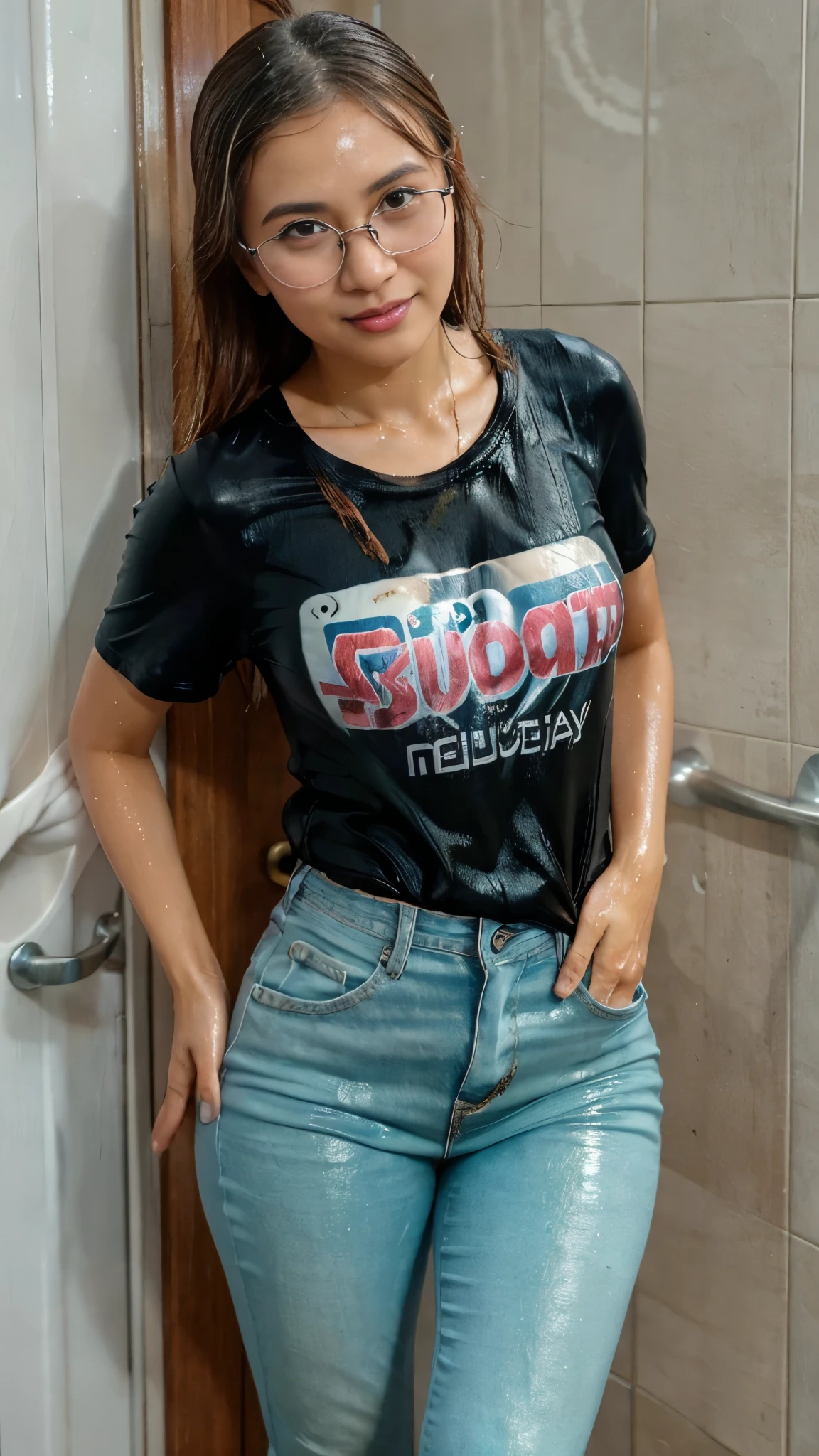 ((Woman malay face)), near the outer door, jeans, tshirt, glasses, soakingwetclothes