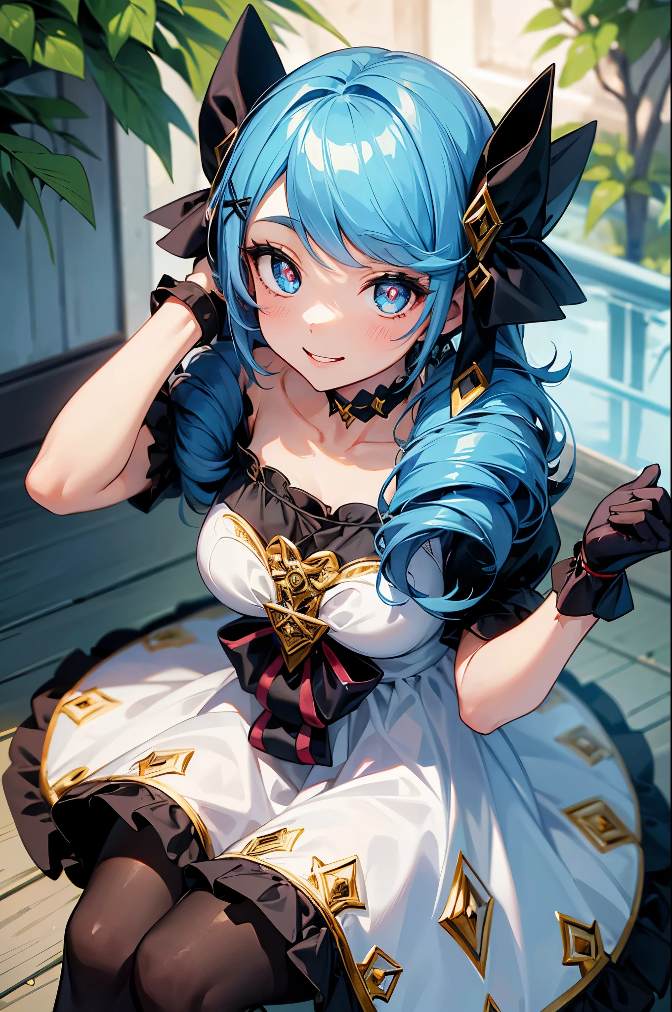 (masterpiece, best quality:1.2), expressive eyes, perfect face, highres, 1girl, solo, black bow, black gloves, black legwear, blue eyes, blue hair, bow, collarbone, dress, drill hair, frilled dress, frills, gloves, gwen \(league of legends\), hair ornament, league of legends, long hair, puffy sleeves, pantyhose, pink pupils, white dress, x, x hair ornament, smiling, waving, sitting down, close-up, upper body, looking at the viewer