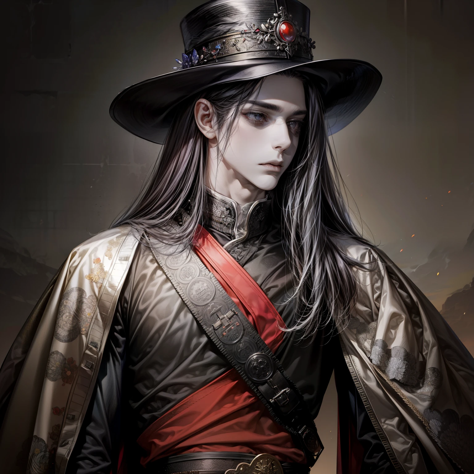 best quality,Masterpiece,young man with beautiful face,21 years old,My hair is thin.,I have long black hair.,Wearing the Emperor of the Magic Empire's outfit, black and red tones.,Wearing the hat of an Imperial General,Handsome and beautiful face,Has a fierce and cunning look in his eyes.,crazy energy,Powerful, with resolute eyes,Has beautiful white skin like a woman's.,Top quality pull-ups for the upper body.