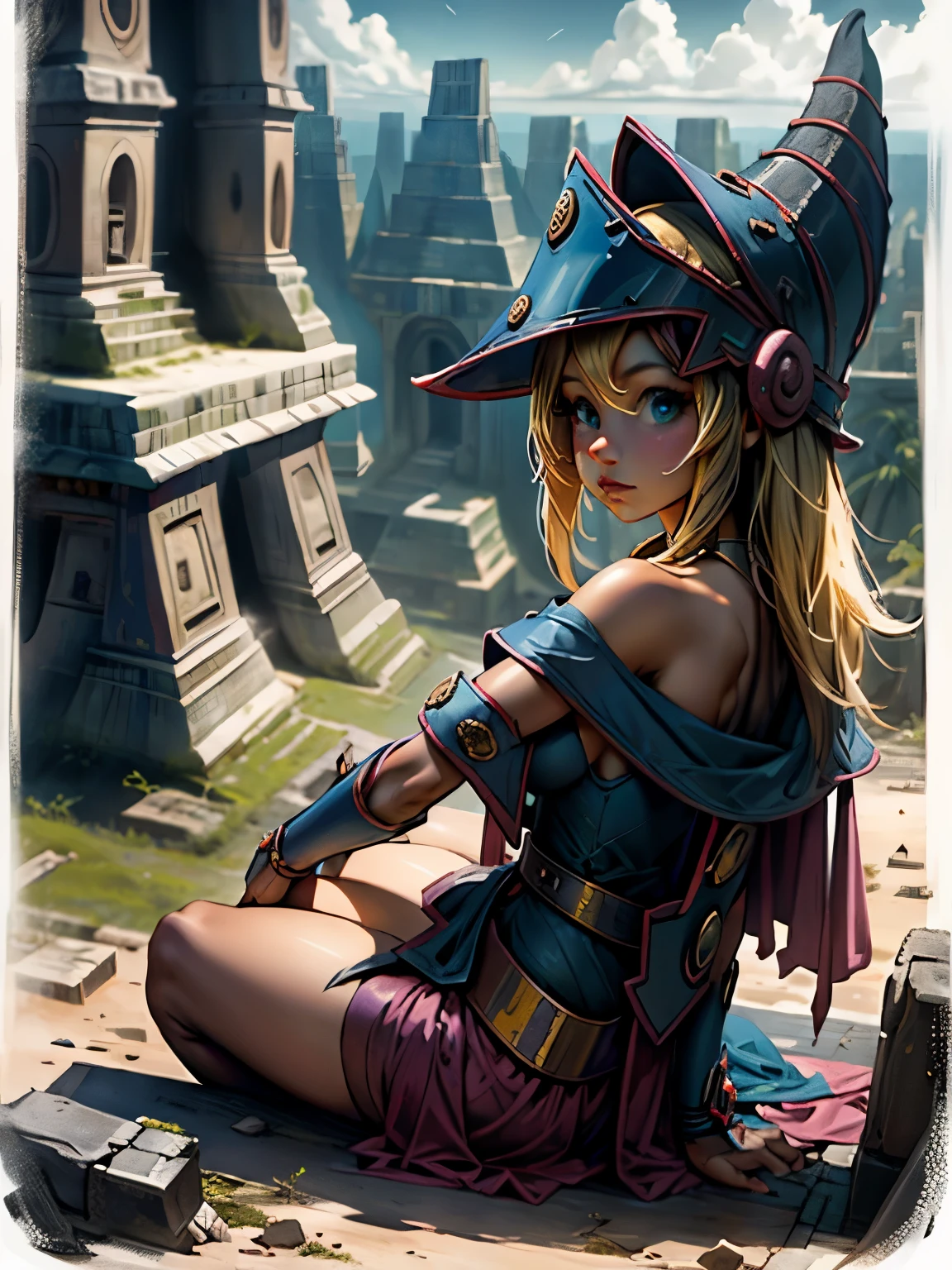Maga oscura en una ruinas mayas. Ella las sobre vuela. She is in the Aires and sees some Mayan ruins