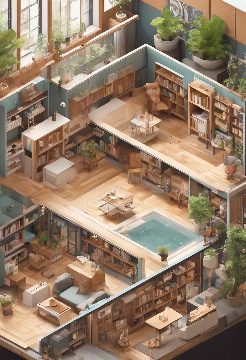Create a charming bookstore with Showa-era aesthetics on two levels using an isometric 3D model. Upstairs, design a cozy living area that includes a living room, kitchen, bathroom, and laundry room. Adhere to minimalist Japanese design principles and incorporate houseplants for a soothing atmosphere. Communicate this design through a concise sectional drawing.