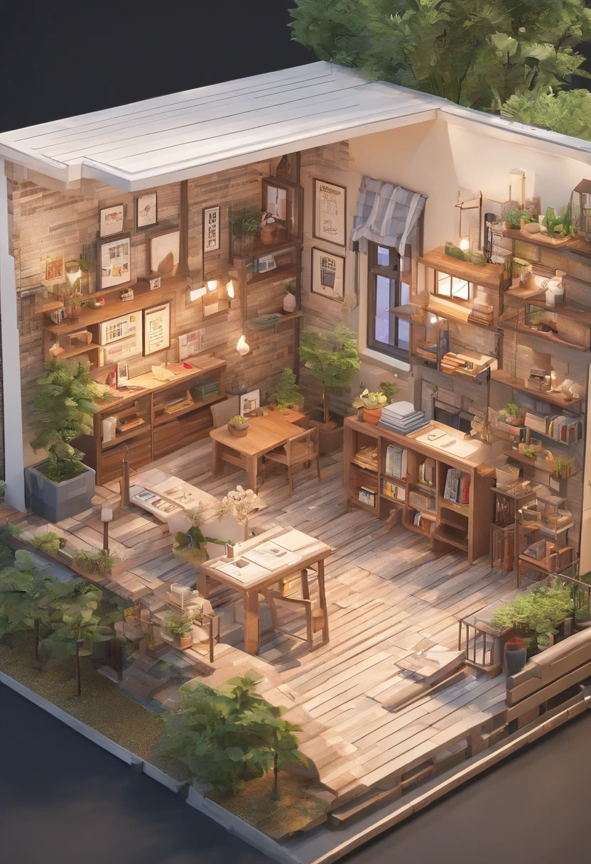 Create a charming bookstore with Showa-era aesthetics on two levels using an isometric 3D model. Upstairs, design a cozy living area that includes a living room, kitchen, bathroom, and laundry room. Adhere to minimalist Japanese design principles and incorporate houseplants for a soothing atmosphere. Communicate this design through a concise sectional drawing.