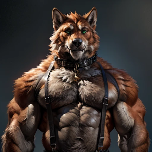 4k, high resolution, best quality, perfect colors, perfect shadows, perfect lighting, ((full bodyportrait)), posted on e621, furry body, solo, anthro orange werewolf, (monotone orange fur:1.3), male, black beard, white chest fur, adult, (heavily muscular, manly, brutal, masculine:1.4), green eyes, realistic eyes, hands on neck, nude torso, black dress pants, suspenders, a chain collar in the neck, chain, collar, gold collar, masculine, (muscular, dense build:1.4, muscular shoulders, strong pecs), formal , correct anatomy, (photorealistic detailed fur, epic, masterpiece:1.2), (by Taran Fiddler, by Chunie, by Rukis, Bonifasko lighting), best posture, claws on hands, (photorealistic fur, detailed fur, epic, masterpiece:1.2), sexy shadows, (by echin, by Taran Fiddler, by takemoto arashi, by Traver009, by Juiceps), (detailed eyes:1.2), impressive physique, focus face, seductive face, smile, fangs, teeths, detailed eyes