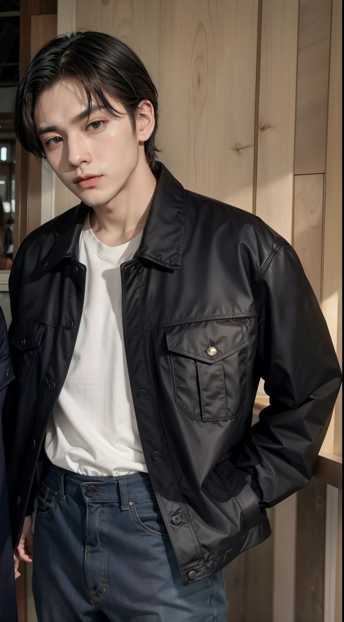 there are two men standing next to each other in a room, very aesthetic couro jacket, Kim Taehyung, couro clothes, com ombreiras, wearing a couro jacket, in an old 1950s couro jacket, wearing couro, camisa cropped com jaqueta, Kim Taehyung, lv, couro clothing, couro, suave em _ o fundo, wearing couro jacket