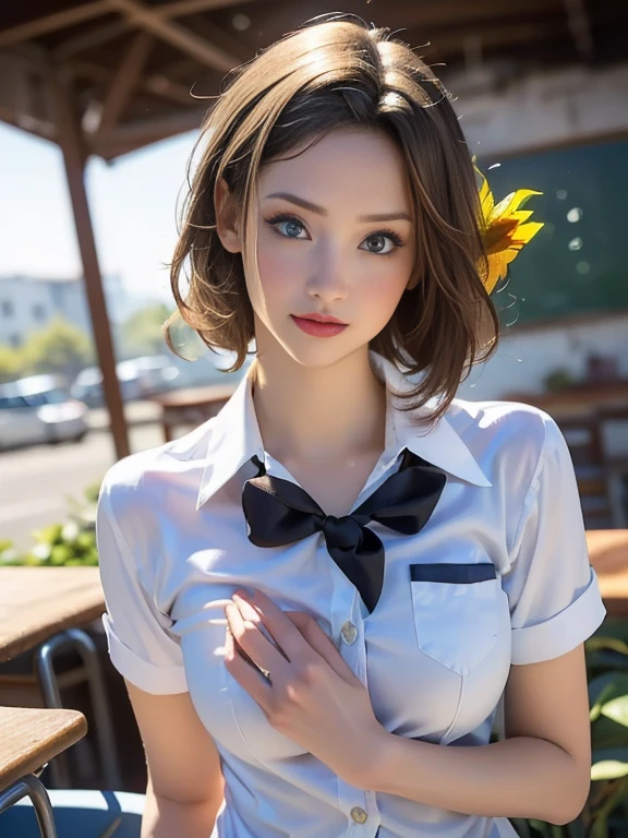 Mastepiece, Best Quality, (Highest quality、8k、masterpiece:1.3)、Ultra-high resolution、Physically Based Rendering、(Photorealistic:1.37)、Beautiful woman with perfect body:1.4、Slim abdomen:1.2、Highly detailed face and skin texture、 Red Cheeks、White skin、Narrow waist,Thin legs、Highest quality,Very beautiful woman, (cute:1.2),Perfect Glowing Skin、((Flower Field))、(((Full nudity)))、smile、((A bow tie))、((Place your hands behind your head.))