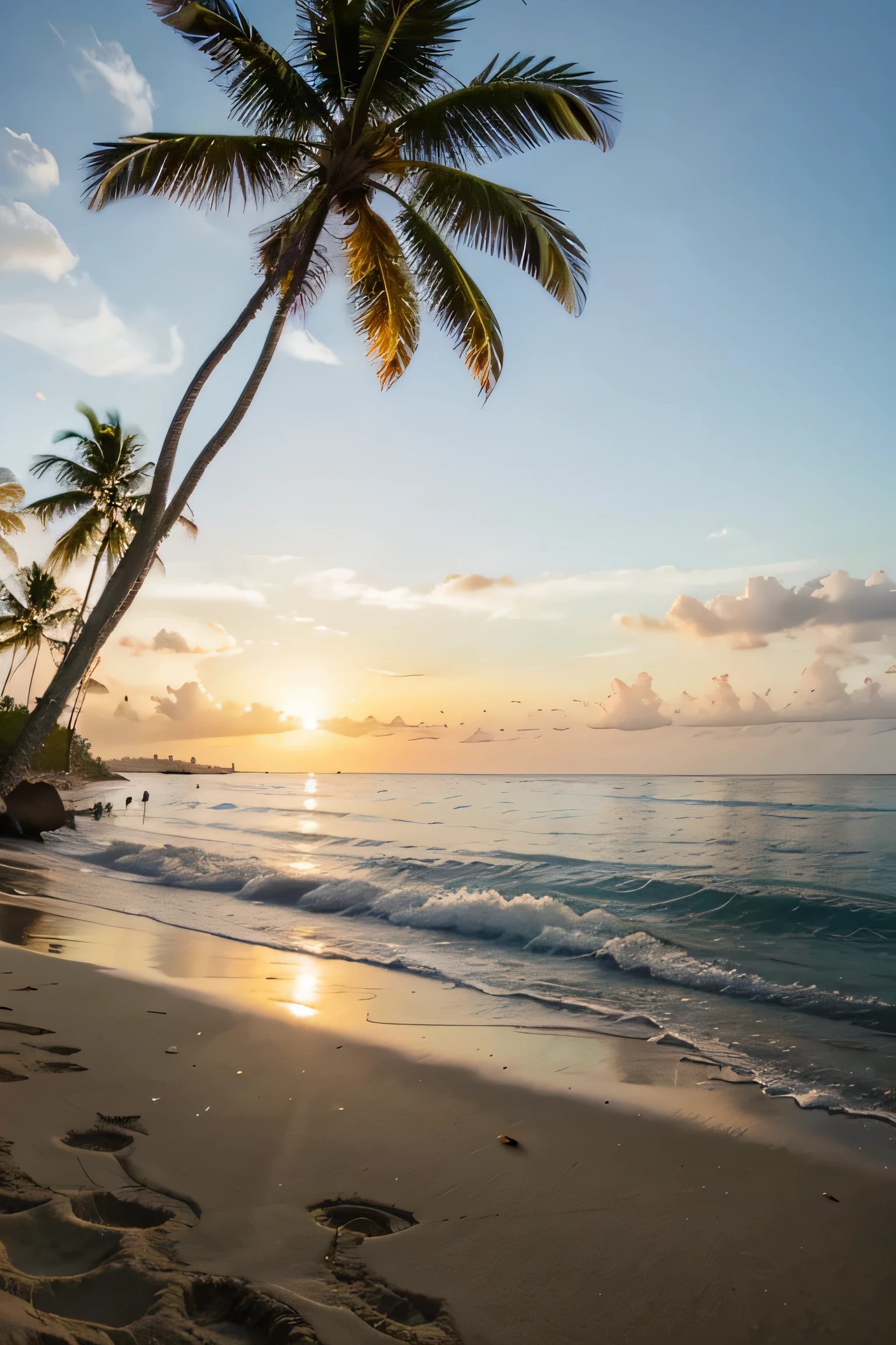 Playa tropical con palmeras y puesta de sol
