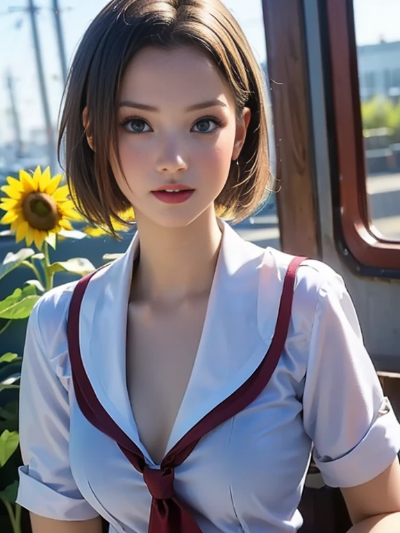 (best quality, 8k, highres, photorealistic:2.0), (solo, one girl:2.0),(photo taken using flash:1.9),(brighten up women:1.8),(ultimate beautiful girl:2.0),(shiny skin),(oily skin),(blonde hair:1.7),(short hairstyle:1.5),(cool beauty:2.0),Blush brown makeup , dark eye makeup , use pink glossy lipstick,(big beady eyes girl:1.5),(droopy-eyes girl:1.5),(blue eyes:1.5),(thin girl:1.5),(baby face girl:1.5),(sex appeal:1.3),(sweet smelling girl),(she works for low wages:1.5),(kind-hearted woman:1.5),(she has a nice smile),(woman with a happy look:1.3),(she is very sociable),(from a very poor family:1.5),(virgin girl),(She is a secret pervert.),(she covertly lewd),(she looks so erotic),(Preserve virginity for devout Christians),chuuChloe,(woman with very soft breasts),(woman fantasizing about sex),(allurement),(impressive eyes:1.5),(clean girl),(affability),(cute smile),(good personality),(puff out chest),(serious personality),(wants sex),(want to masturbate),(want to have sex forcibly),(insists on the chest),(nipples hard erect inside clothes),(relaxing time),(hair ornaments),(sunflower),(Private room),(compassion),(impurity),(love filled),(Changing clothes),(get horny),(school uniform:1.5)