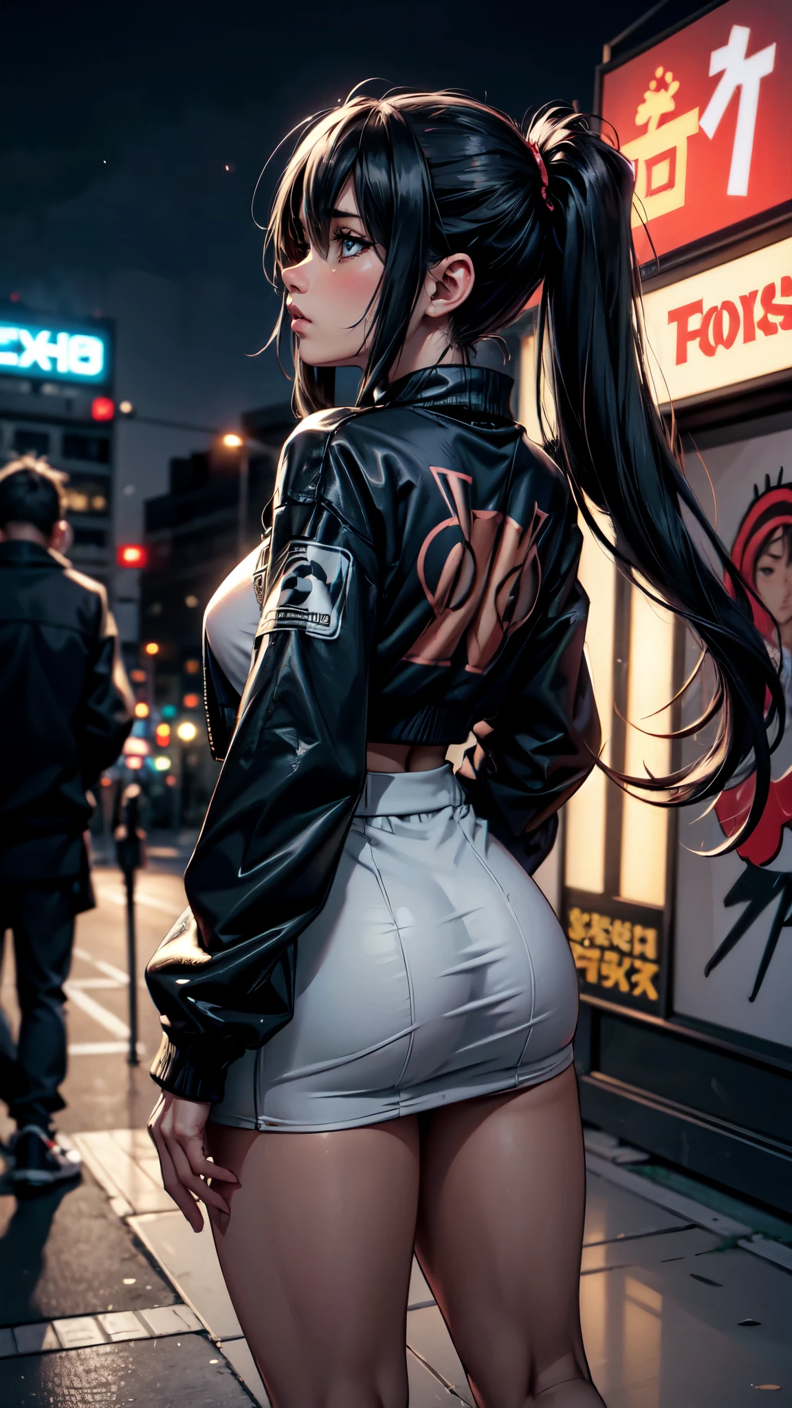 masterpiece, best quality, HuTaoV4, 1girl, solo, blush, twintails, long hair, hair between eyes, ((streetwear clothes)), city, outdoors, night, movie poster, extremely detailed 8K, smooth, high resolution, ultra quality, cinematic lighting, ambient occlusion, hd, 2k, 4k, 8k, 16k, extremely detailed anime, detailed faces, perfect composition, wide shot, atmospheric lighting, very sexy, lift skirt, random low back angle, uncensored, nsfw, sin censura