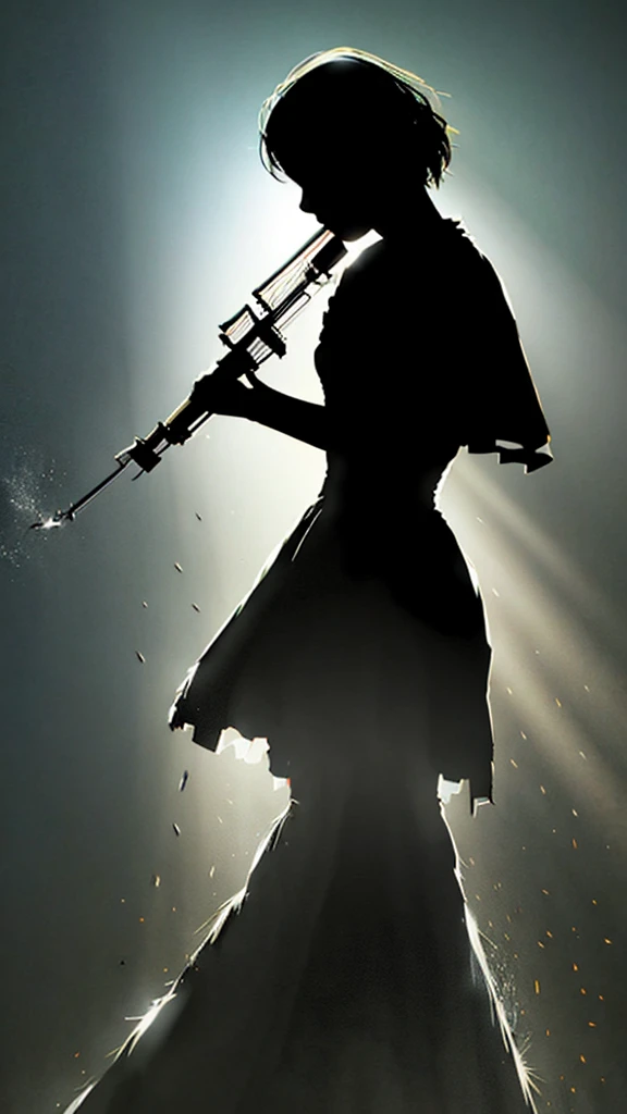 silhouette female violinist, victorian dress, sorrow splash paint art style. image in line art silhouette.