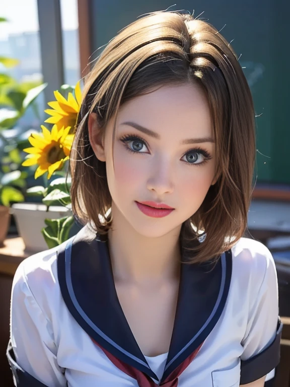 (best quality, 8k, highres, photorealistic:2.0), (solo, one girl:2.0),(photo taken using flash:1.9),(brighten up women:1.8),(ultimate beautiful girl:2.0),(shiny skin),(oily skin),(blonde hair:1.7),(short hairstyle:1.5),(cool beauty:2.0),Blush brown makeup , dark eye makeup , use pink glossy lipstick,(big beady eyes girl:1.5),(droopy-eyes girl:1.5),(blue eyes:1.5),(thin girl:1.5),(baby face girl:1.5),(sex appeal:1.3),(sweet smelling girl),(she works for low wages:1.5),(kind-hearted woman:1.5),(she has a nice smile),(woman with a happy look:1.3),(she is very sociable),(from a very poor family:1.5),(virgin girl),(She is a secret pervert.),(she covertly lewd),(she looks so erotic),(Preserve virginity for devout Christians),chuuChloe,(woman with very soft breasts),(woman fantasizing about sex),(allurement),(impressive eyes:1.5),(clean girl),(affability),(cute smile),(good personality),(puff out chest),(serious personality),(wants sex),(want to masturbate),(want to have sex forcibly),(insists on the chest),(nipples hard erect inside clothes),(relaxing time),(hair ornaments),(sunflower),(Private room),(compassion),(impurity),(love filled),(Changing clothes),(get horny),(school uniform:1.5)