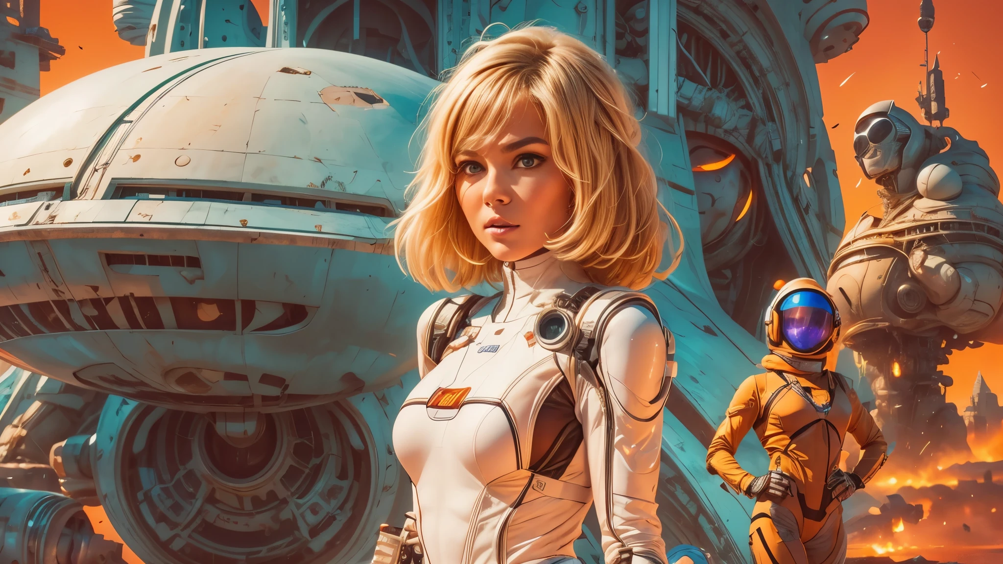 arafed image of a white woman in a futuristic suit with a spaceship in the background, movie art, in front of an orange background, inspired by Robert McGinnis, female protagonist, megastructure in the background, portrait of an ai astronaut, astronauts, an astronaut, portrait of a astronaut skeletor, perfect android girl, detailed eyes, perfectly detailed teeth, frank franzzeta and sakimichan