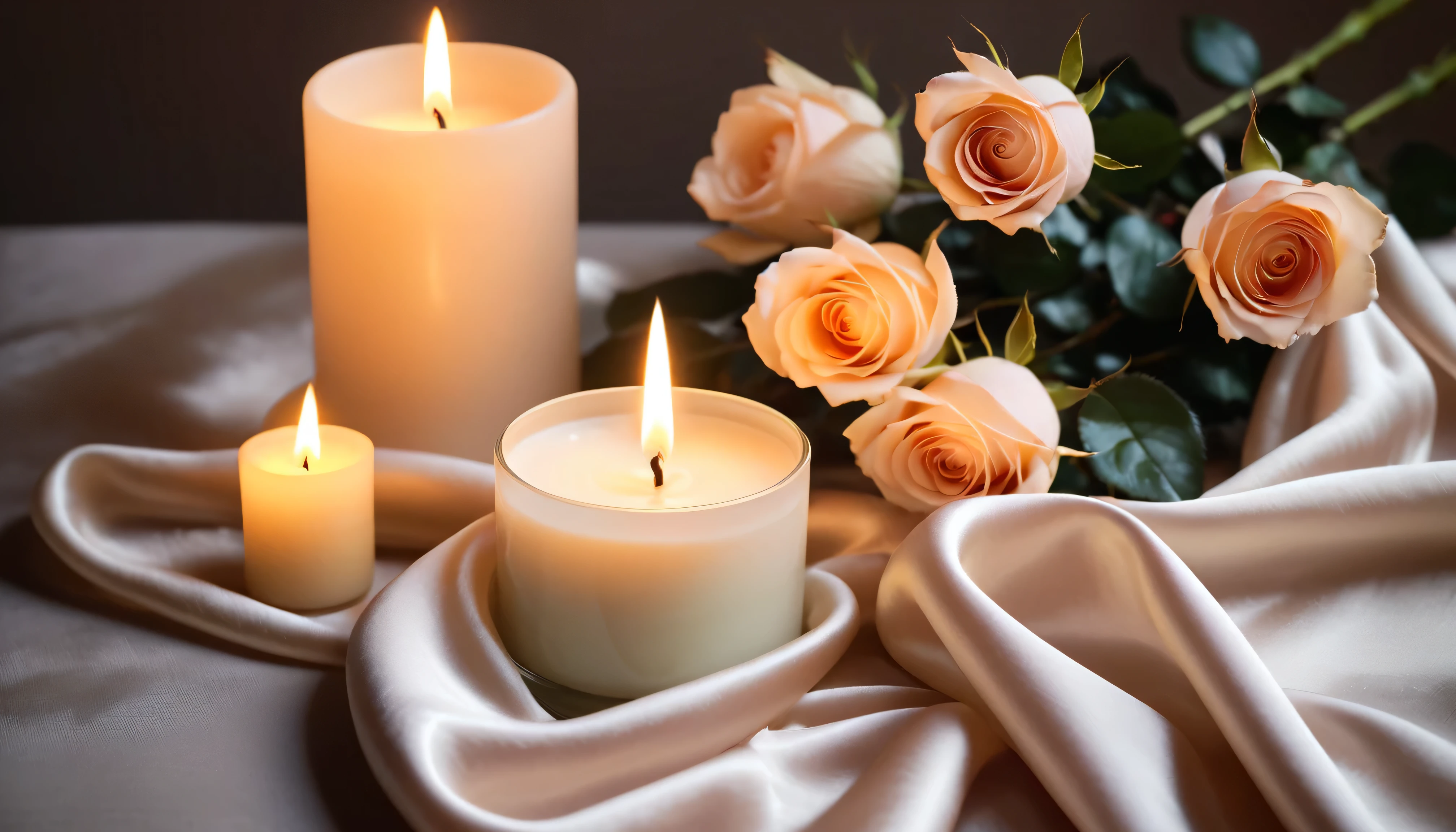 Simple clean light and soft close-up of a scented candle and roses lying flat on the table.wrinkled silk scarf,a soft candlelight,Fresh and bright night moments,Quiet and warm,Simpler picture,No fogging effect,The picture is clear and bright,No unnecessary items,Theme ultimate middle,Leave space all around for balanced proportions