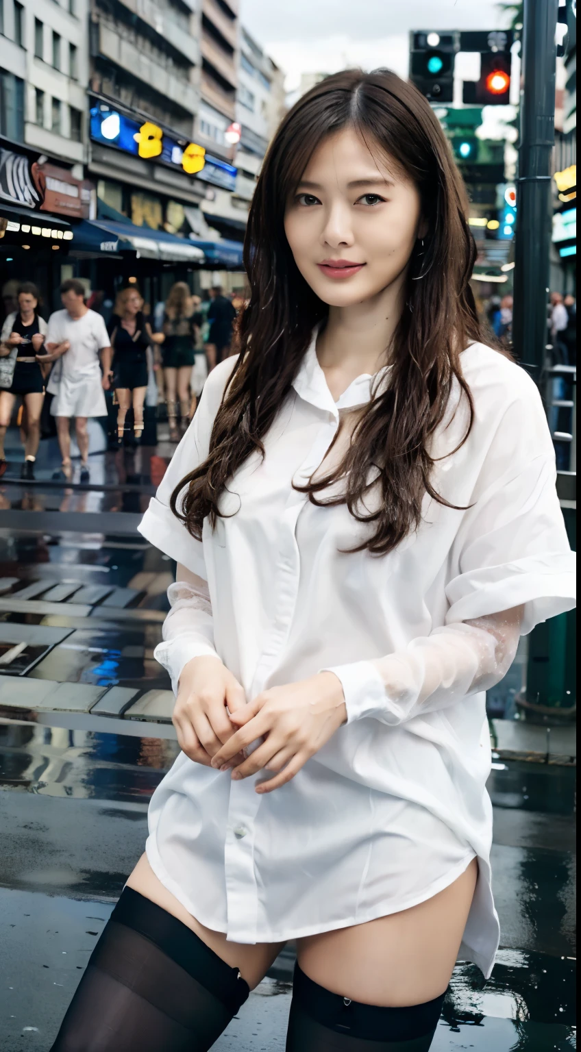((Realistic lighting, highest quality, 8k, masterpiece: 1.3)), concentrated: 1.2, One girl, Perfect beauty: 1.4, Slim Abs: 1.1, (Big Breasts), (A wet, see-through white silk shirt: 1.4), (Outdoor, night: 1.1), City Street, Very beautiful face, Beautiful Eyes, double eyelid, (Above-the-knee black stockings: 1.5), (Wet in the Rain, Wet: 1.2)
