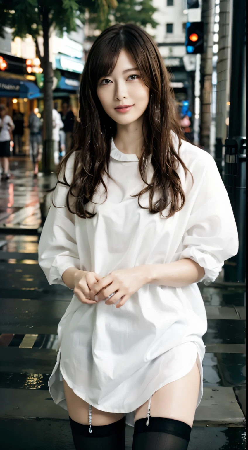 ((Realistic lighting, highest quality, 8k, masterpiece: 1.3)), concentrated: 1.2, One girl, Perfect beauty: 1.4, Slim Abs: 1.1, (Big Breasts), (A wet, see-through white silk shirt: 1.4), (Outdoor, night: 1.1), City Street, Very beautiful face, Beautiful Eyes, double eyelid, (Above-the-knee black stockings: 1.5), (Wet in the Rain, Wet: 1.2)