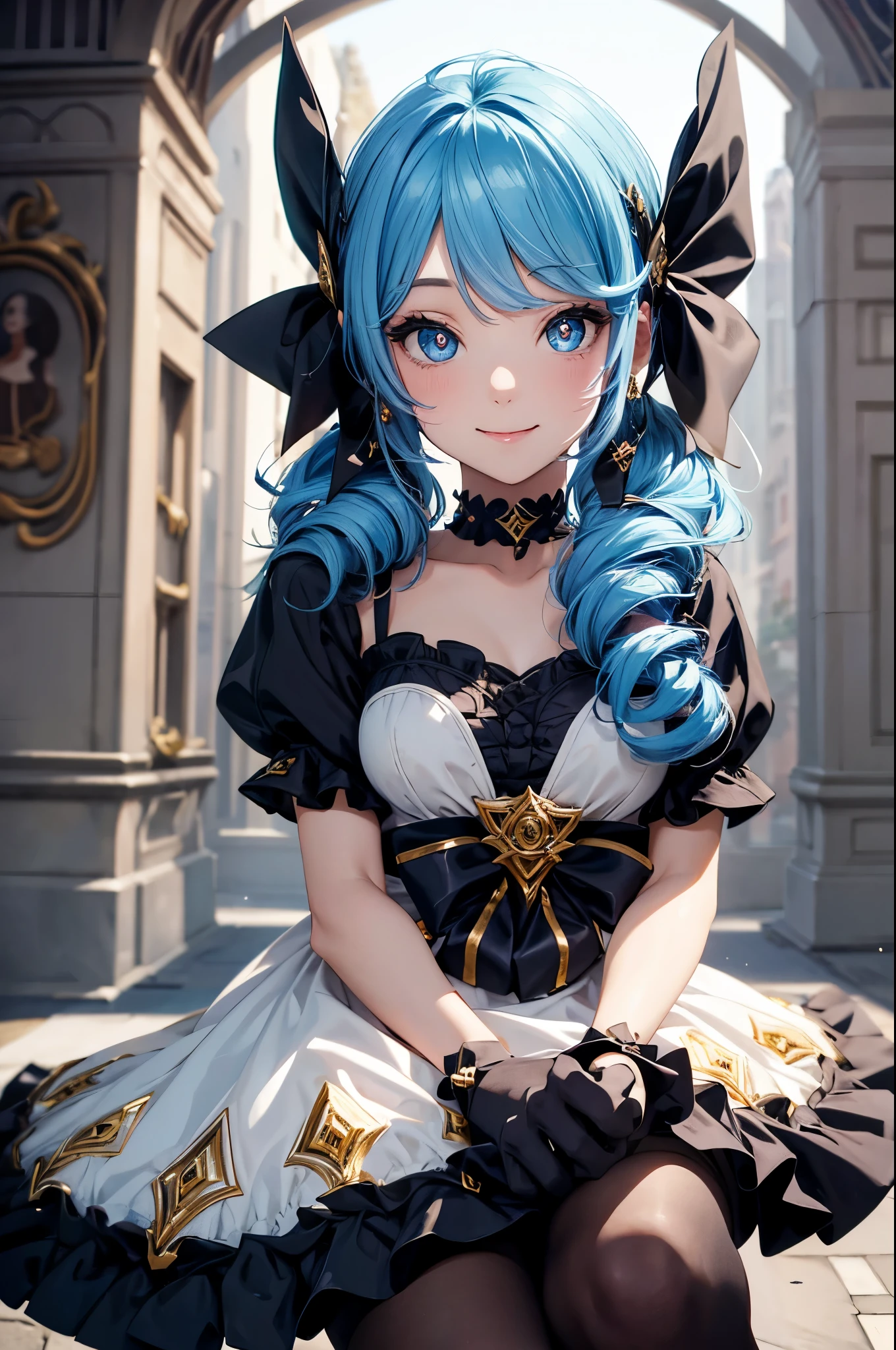 (masterpiece, best quality:1.2), expressive eyes, perfect face, highres, 1girl, solo, black bow, black gloves, black legwear, blue eyes, blue hair, bow, collarbone, dress, drill hair, frilled dress, frills, gloves, gwen \(league of legends\), hair ornament, league of legends, long hair, puffy sleeves, pantyhose, pink pupils, white dress, x, x hair ornament, smiling, waving, sitting down, close-up, upper body, looking at the viewer
