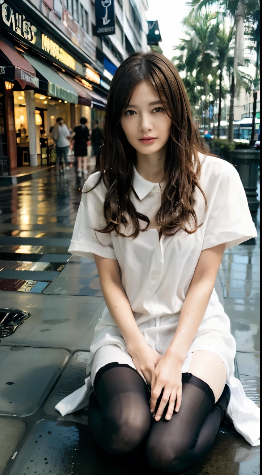 ((Realistic lighting, highest quality, 8k, masterpiece: 1.3)), concentrated: 1.2, One girl, Perfect beauty: 1.4, Slim Abs: 1.1, (Big Breasts), (A wet, see-through white silk shirt: 1.4), (Outdoor, night: 1.1), City Street, Very beautiful face, Beautiful Eyes, double eyelid, (Above-the-knee black stockings: 1.5), (Wet in the Rain, Wet: 1.2)