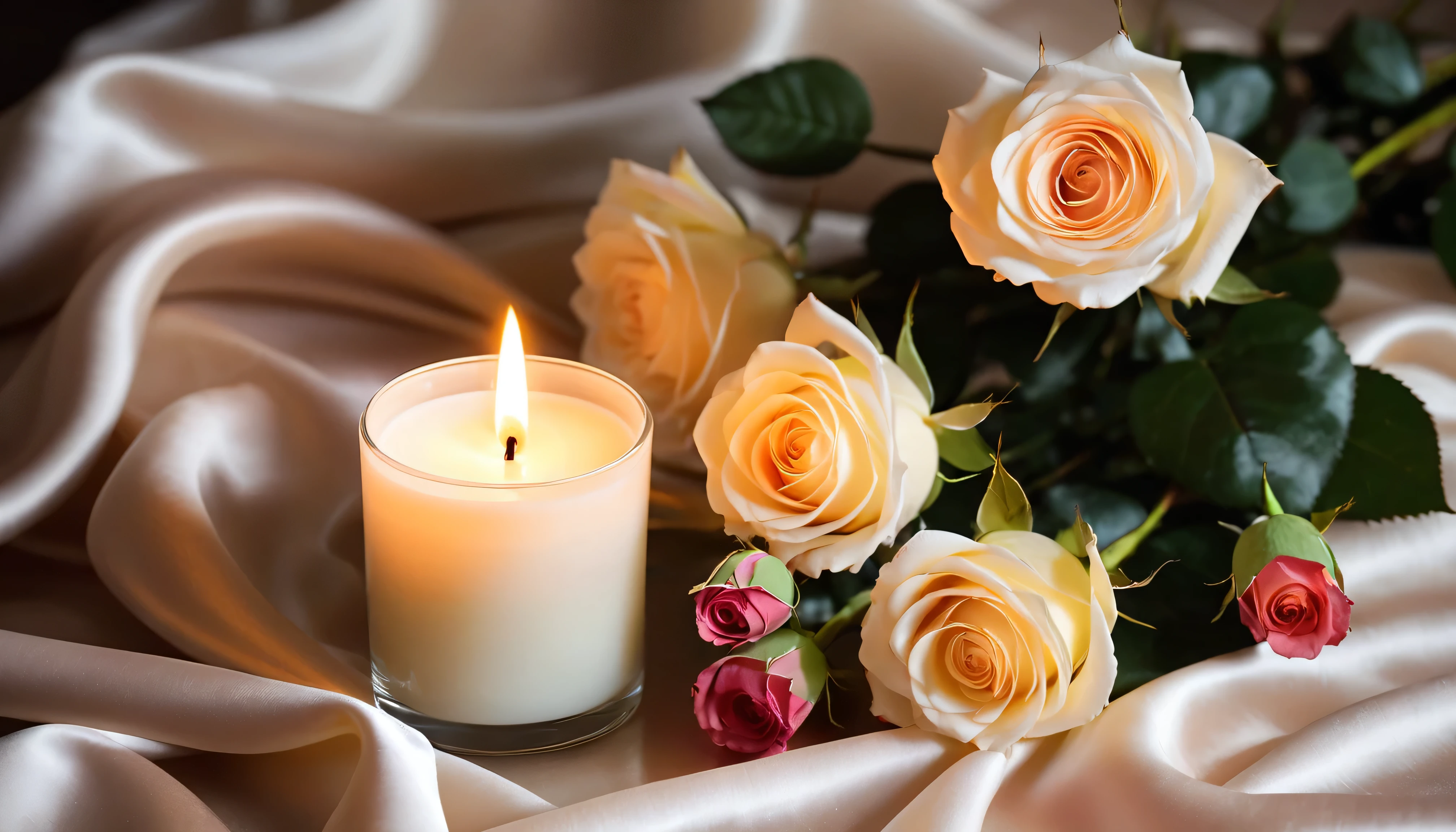Simple clean light and soft close-up of a scented candle and roses lying flat on the table.wrinkled silk scarf，a soft candlelight，Fresh and bright night moments，Quiet and warm，Simpler picture，No fogging effect，The picture is clear and bright，No unnecessary items，Theme ultimate middle，Leave space all around for balanced proportions