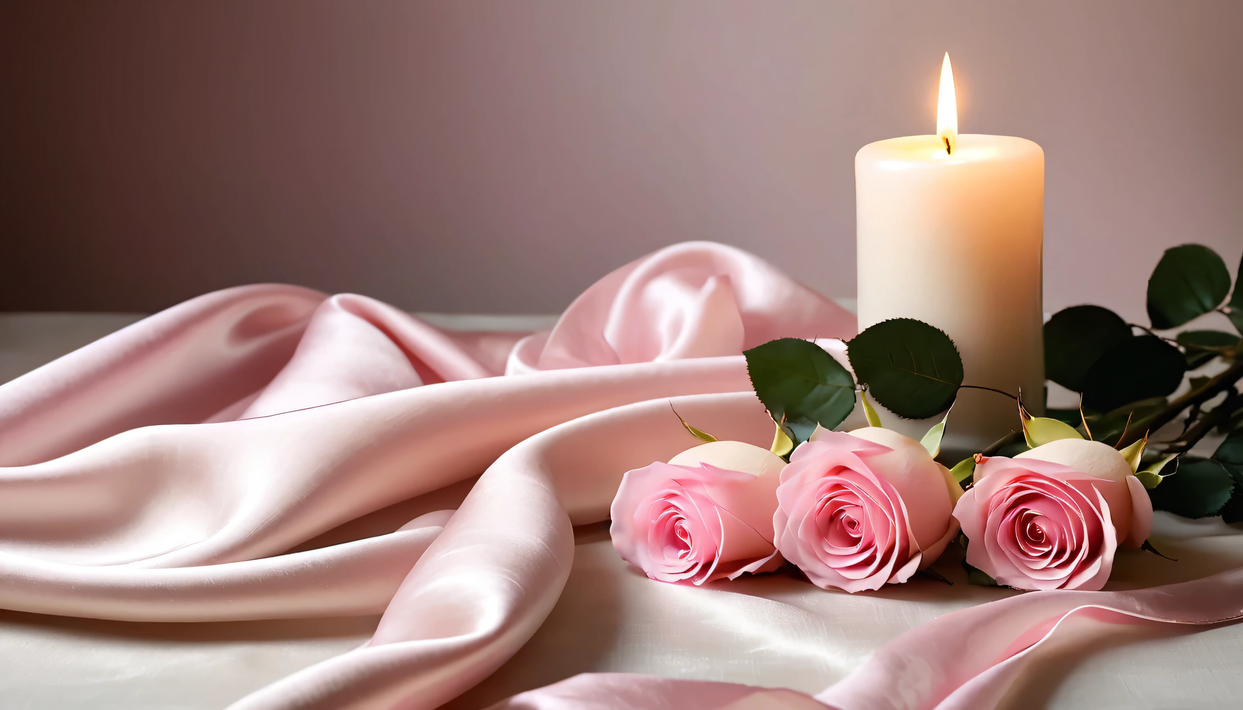 Simple clean light and shadow, soft close-up, a scented candle and pink roses lying flat on the table.wrinkled silk scarf，a soft candlelight，Fresh and bright night moments，Quiet and warm，Simpler picture，No fogging effect，The picture is clear and bright，No unnecessary items，Theme ultimate middle，Leave space all around for balanced proportions