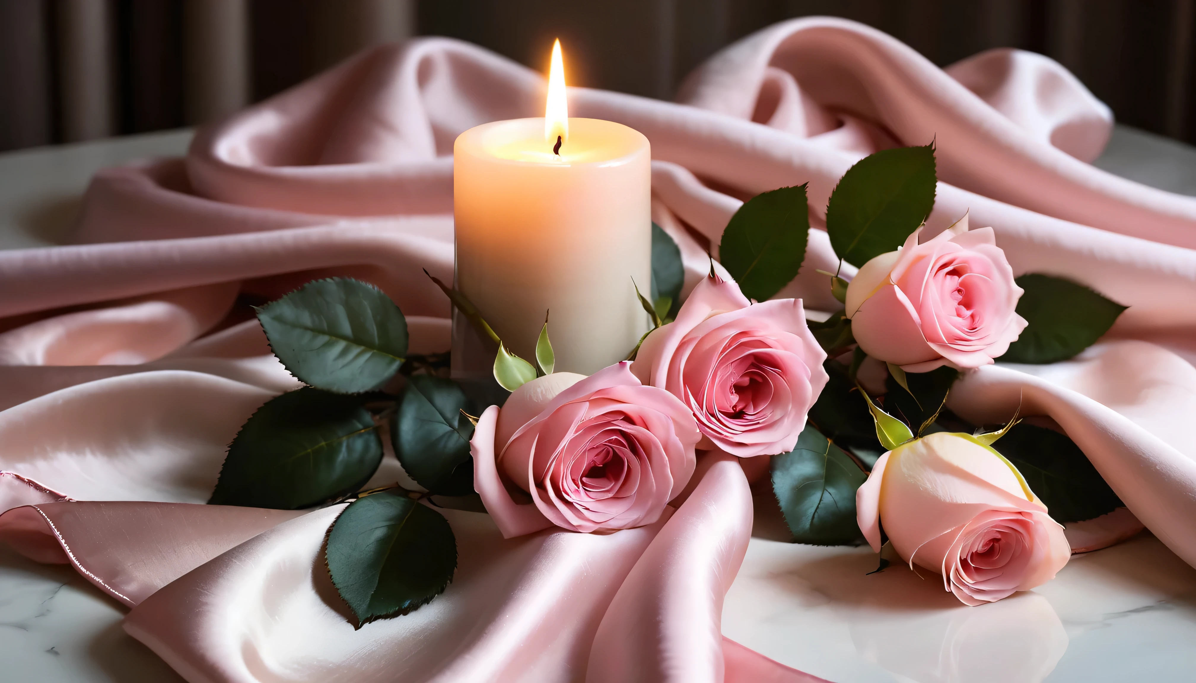 Simple clean light and shadow, soft close-up, a scented candle and pink roses lying flat on the table.wrinkled silk scarf,a soft candlelight,Fresh and bright night moments,Quiet and warm,Simpler picture,No fogging effect,The picture is clear and bright,No unnecessary items,Theme ultimate middle,Leave space all around for balanced proportions