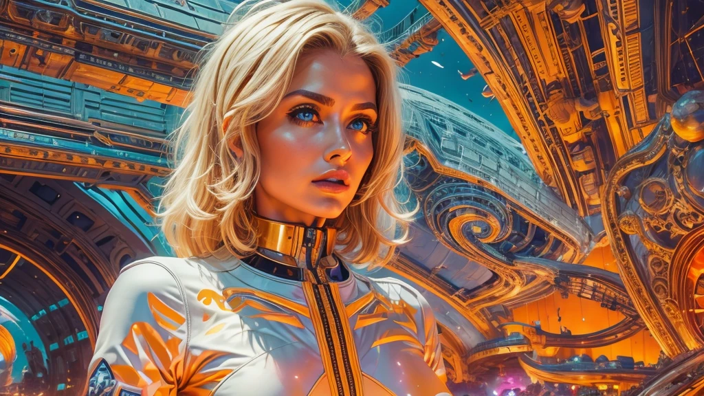 arafed image of a white woman in a futuristic suit with a spaceship in the background, movie art, in front of an orange background, inspired by Robert McGinnis, female protagonist, megastructure in the background, portrait of an ai astronaut, astronauts, an astronaut, portrait of a astronaut skeletor, perfect android girl, detailed eyes, perfectly detailed teeth, frank franzzeta and sakimichan  