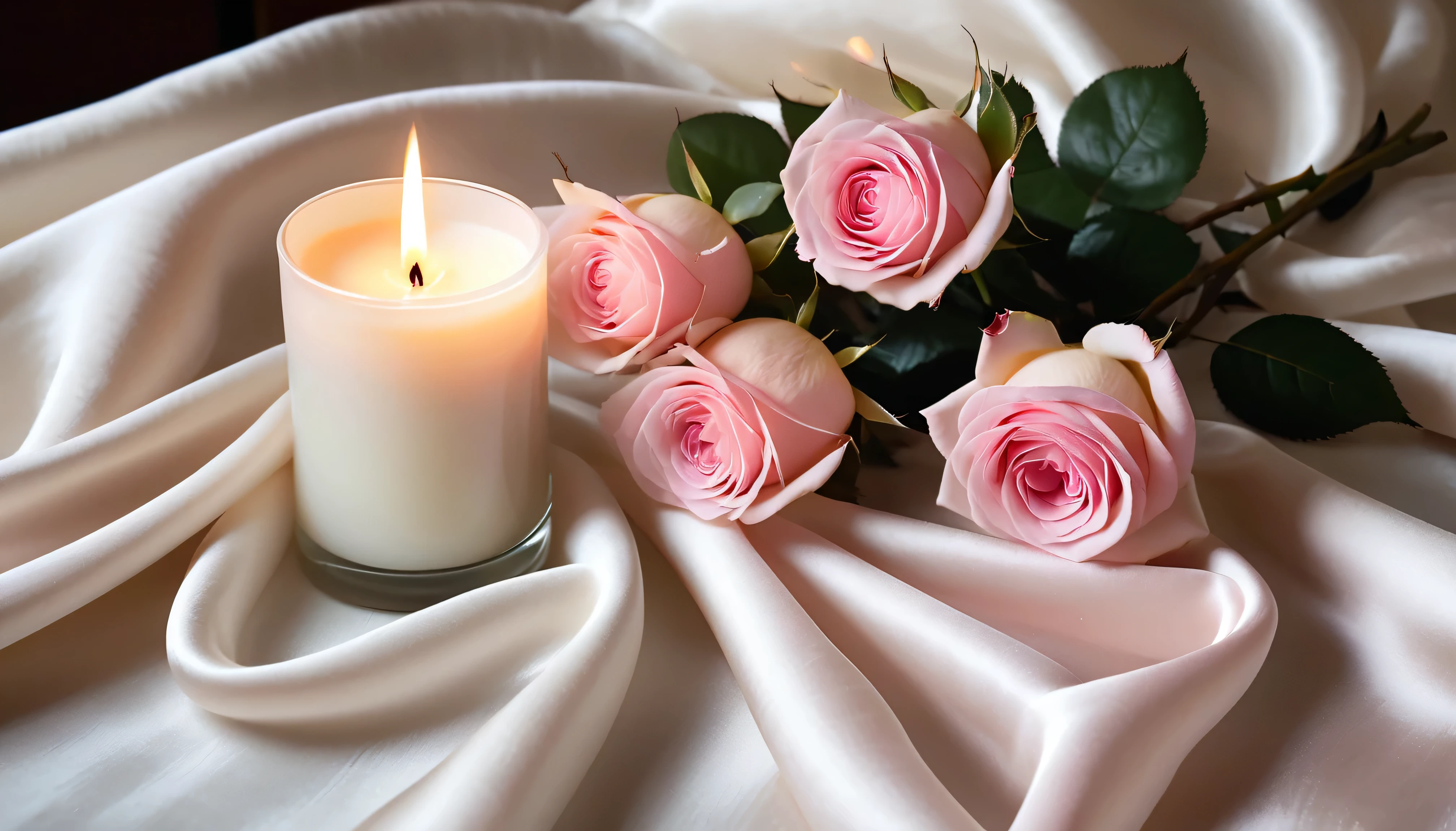 Simple clean light and shadow, soft close-up, a scented candle and pink roses lying flat on the table.Wrinkled white silk scarf，a soft candlelight，Fresh and bright night moments，Quiet and warm，Simpler picture，No fogging effect，The picture is clear and bright，No unnecessary items，Theme ultimate middle，Leave space all around for balanced proportions