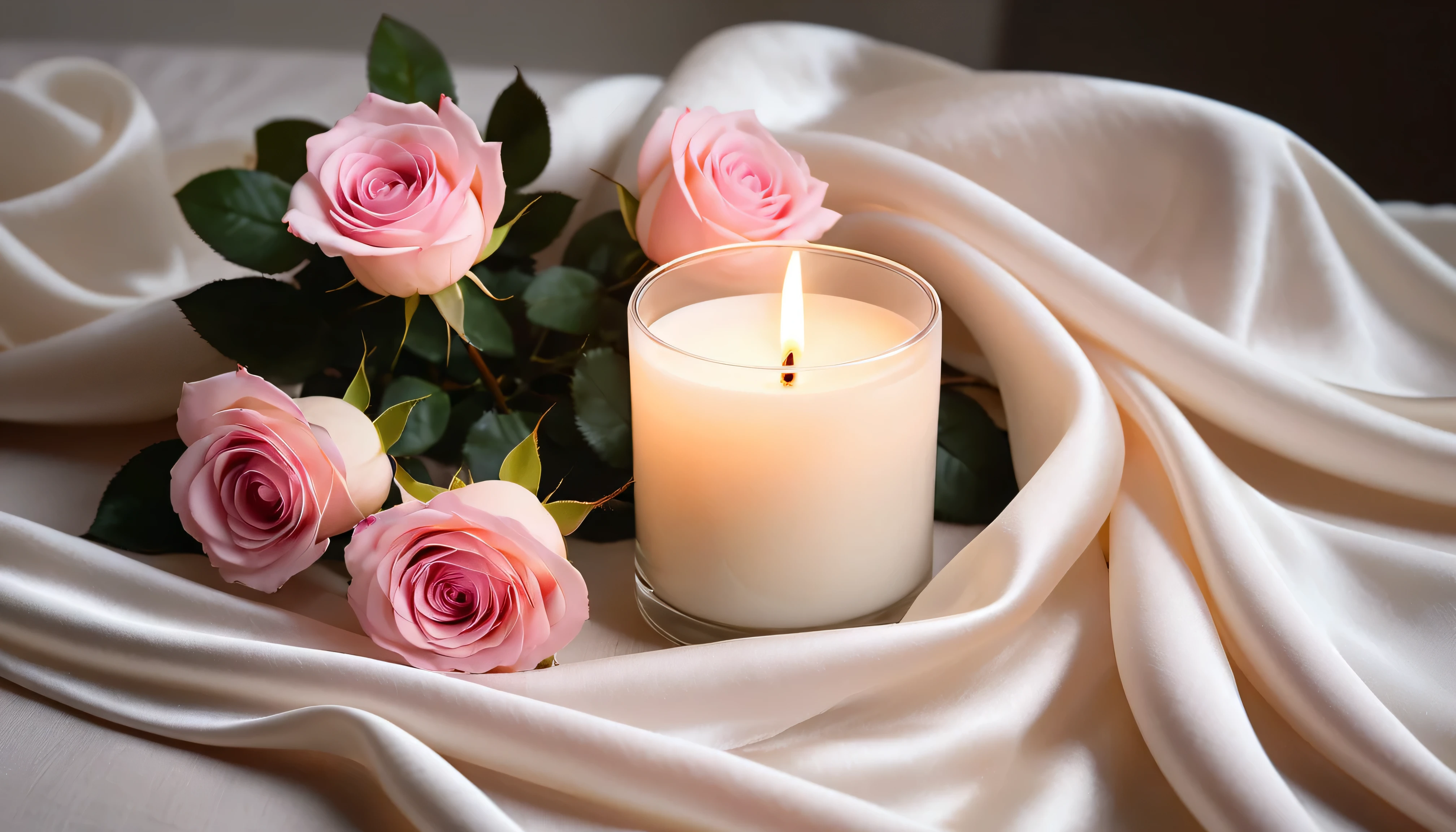 Simple clean light and shadow, soft close-up, a scented candle and pink roses lying flat on the table.Wrinkled white silk scarf,a soft candlelight,Fresh and bright night moments,Quiet and warm,Simpler picture,No fogging effect,The picture is clear and bright,No unnecessary items,Theme ultimate middle,Leave space all around for balanced proportions