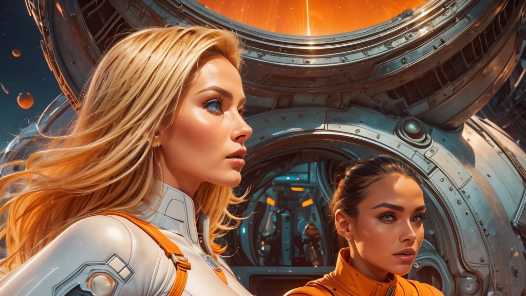 arafed image of a white woman in a futuristic suit with a spaceship in the background, movie art, in front of an orange background, inspired by Robert McGinnis, female protagonist, megastructure in the background, portrait of an ai astronaut, astronauts, an astronaut, portrait of a astronaut skeletor, perfect android girl, detailed eyes, perfectly detailed teeth, frank franzzeta and sakimichan