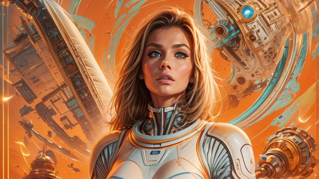 arafed image of a white woman in a futuristic suit with a spaceship in the background, movie art, in front of an orange background, inspired by Robert McGinnis, female protagonist, megastructure in the background, portrait of an ai astronaut, astronauts, an astronaut, portrait of a astronaut skeletor, perfect android girl, detailed eyes, perfectly detailed teeth, frank franzzeta and sakimichan