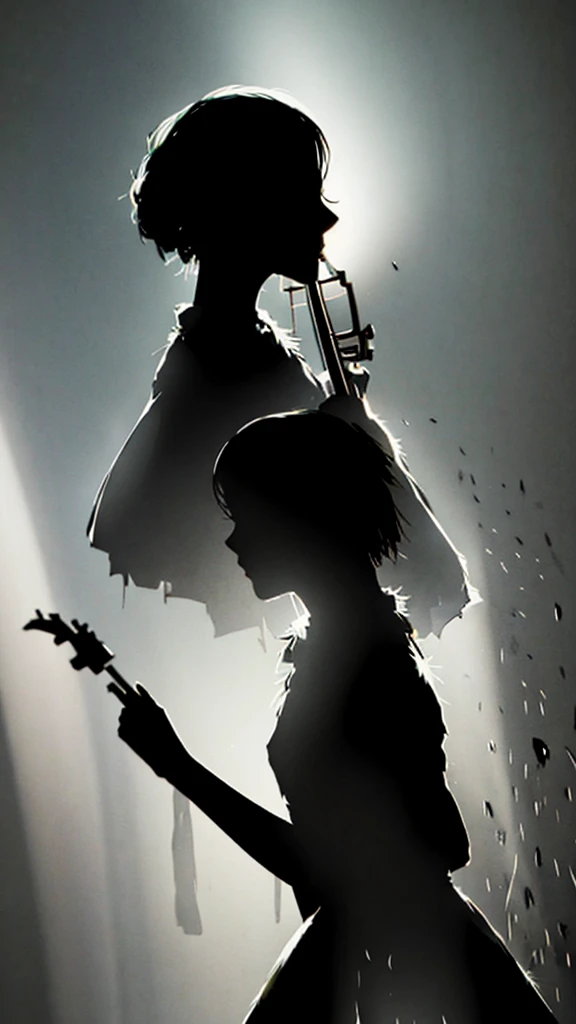 silhouette female violinist, victorian dress, sorrow splash paint art style. image in epic silhouette.