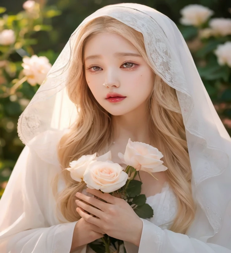 un primer plano de una mujer con un vestido de novia sosteniendo una rosa, pale skin, suave e impecable, pale skin marfil, Ethereal beauty, karol bak de Wonyoung monja, hermosa doncella, Use translucent veils, karol bak uhd, soft pale golden skin, pale ivory skin, pink countries, beautiful fantasy maiden, pale skin suave natural, con capucha de seda blanca, HD, Wonyoung IVE