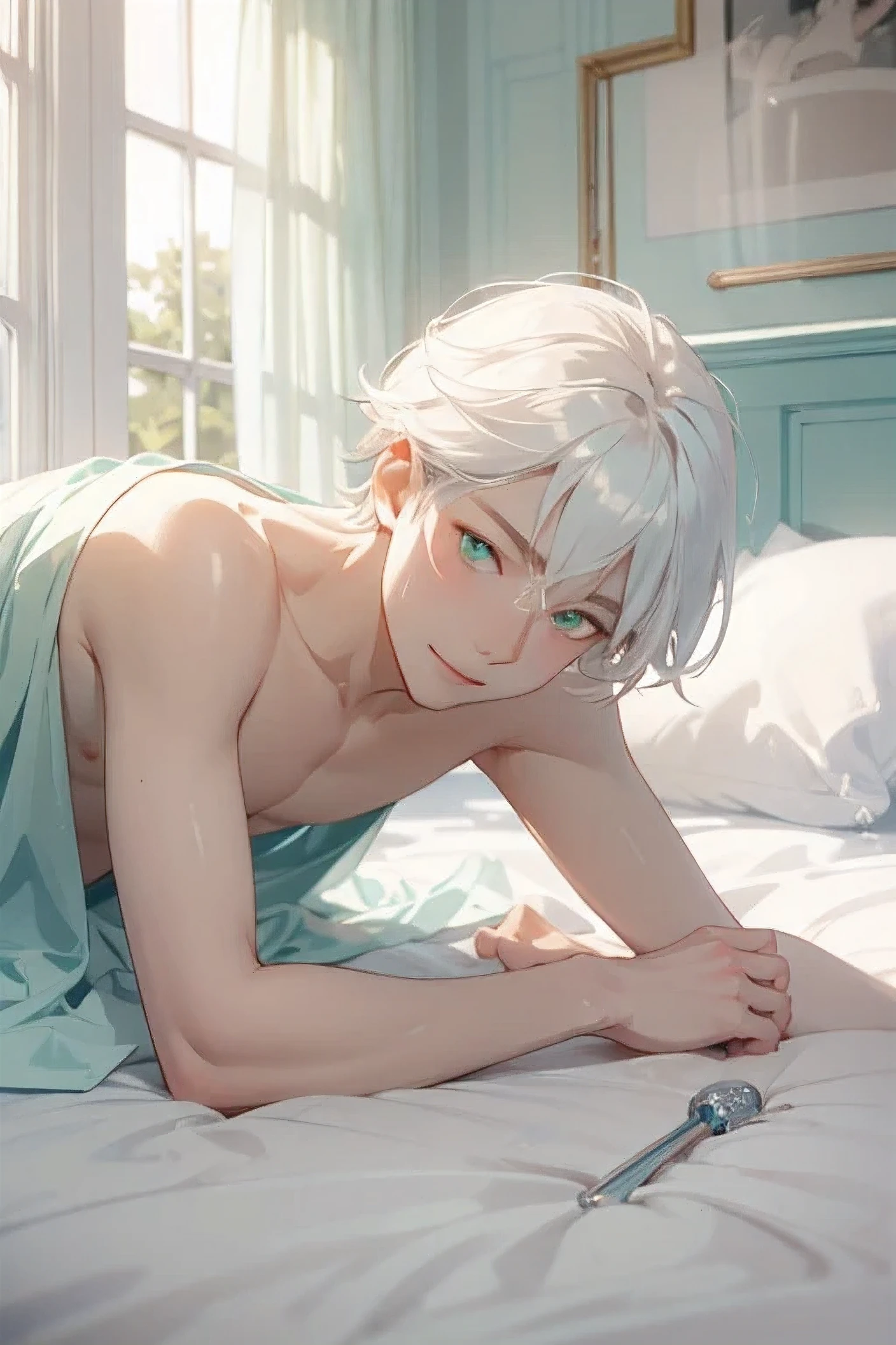 ((High quality)), ((masterpiece)), (detailed), perfect face, perfect hands, mizuki, Kamisama, adult boy, naked body, flat chest, full body, round butt, short spike hair, white hair, mint green eyes, sexy looking, smirking, side looking, lying down, erect small penis, cute penis,