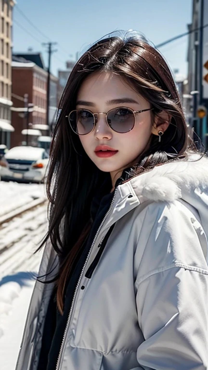 sam yang,, 1girl, animal, animal on shoulder, bird, black-framed eyewear, black eyes, black hair, blue sky, cityscape, clear sky, coat, day, earrings, eyewear hang, eyewear removed, fur coat, jacket, jewelry, long hair, looking to the side, outdoors, power lines, red lips, sky, smile, snow, solo, sunglasses, white bird, white coat, winter, winter clothes, , ((masterpiece))