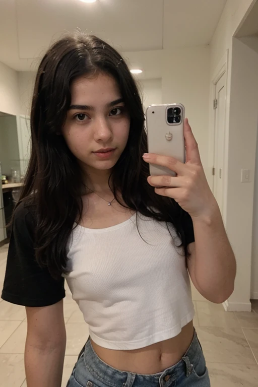 a 13 year old girl with straight black hair in a t-shirt taking a selfie